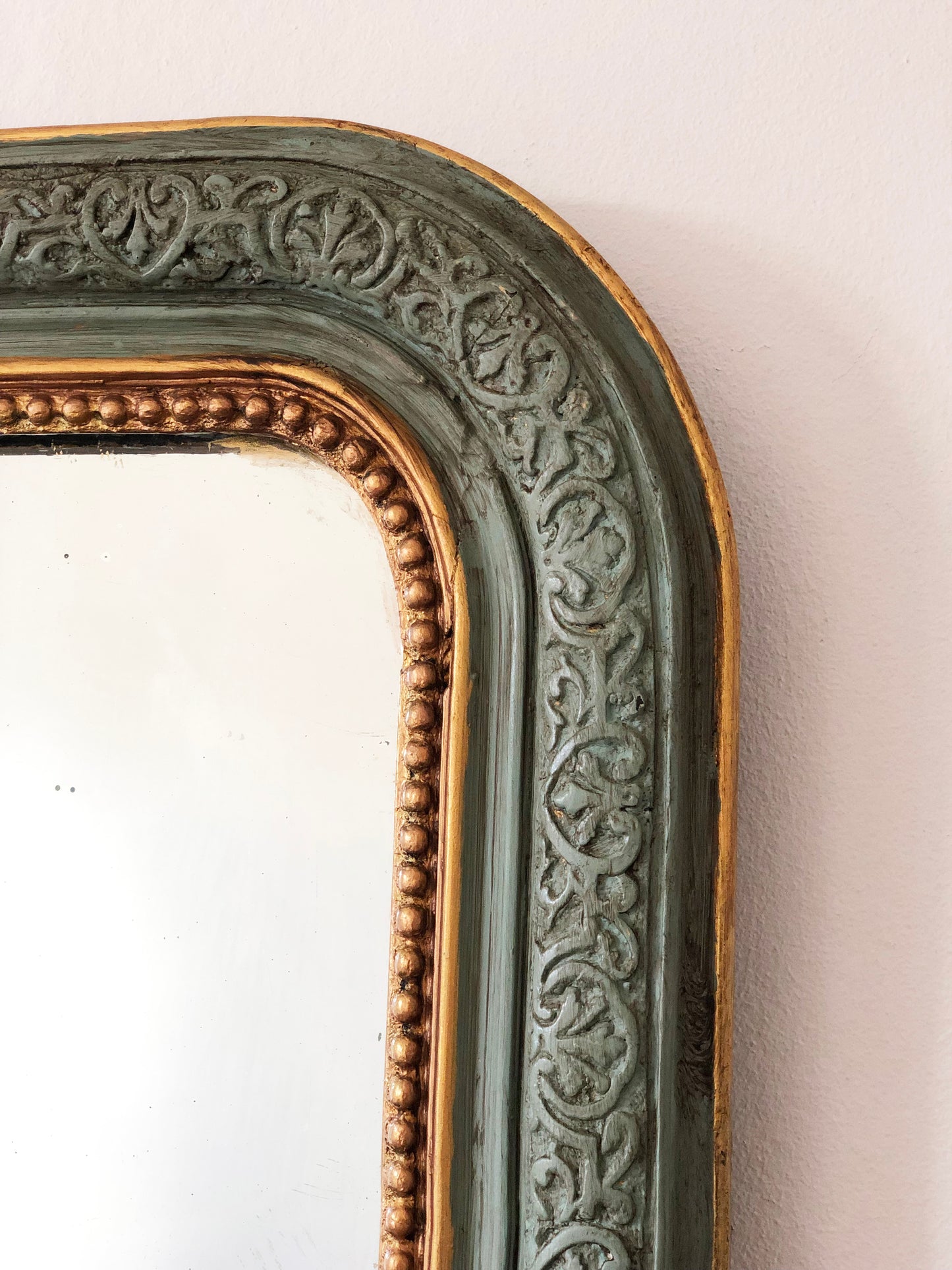 Antique Louis Philippe French Mirror in Green and Gold, Late 19th Century