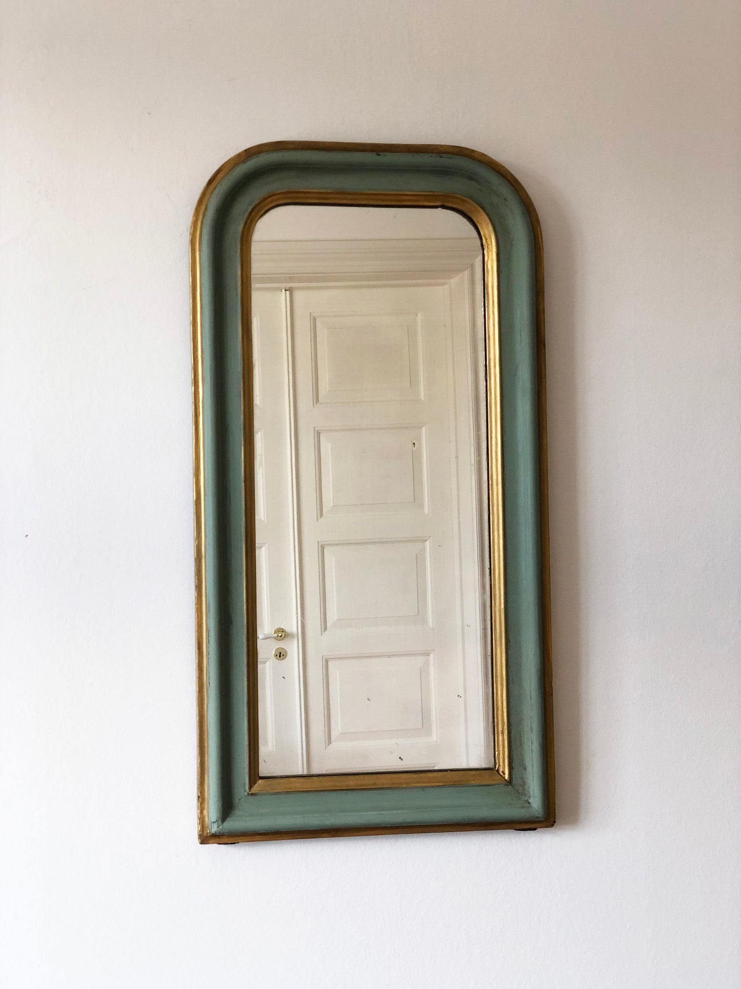 Antique Louis Philippe French Small Full length Mirror in Green and Gold, Late 19th Century