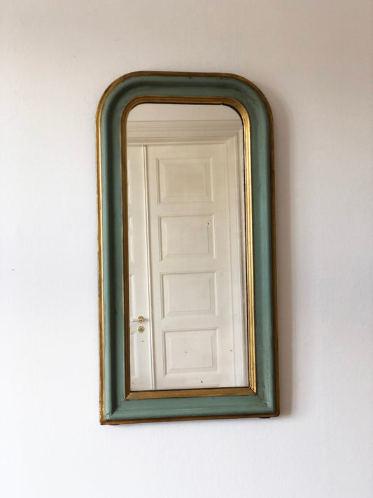 Antique Louis Philippe French Small Full length Mirror in Green and Gold, Late 19th Century