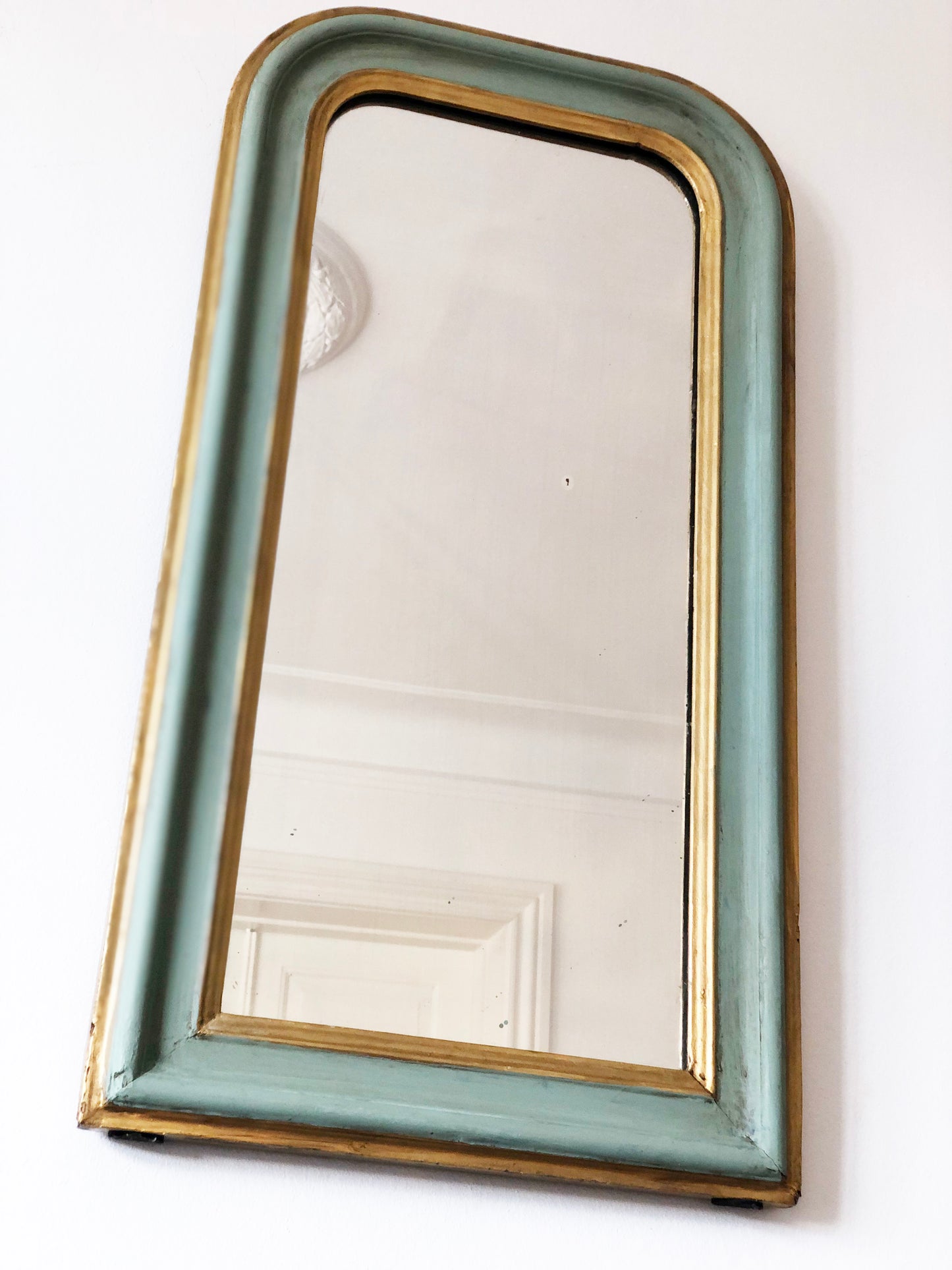 Antique Louis Philippe French Small Full length Mirror in Green and Gold, Late 19th Century