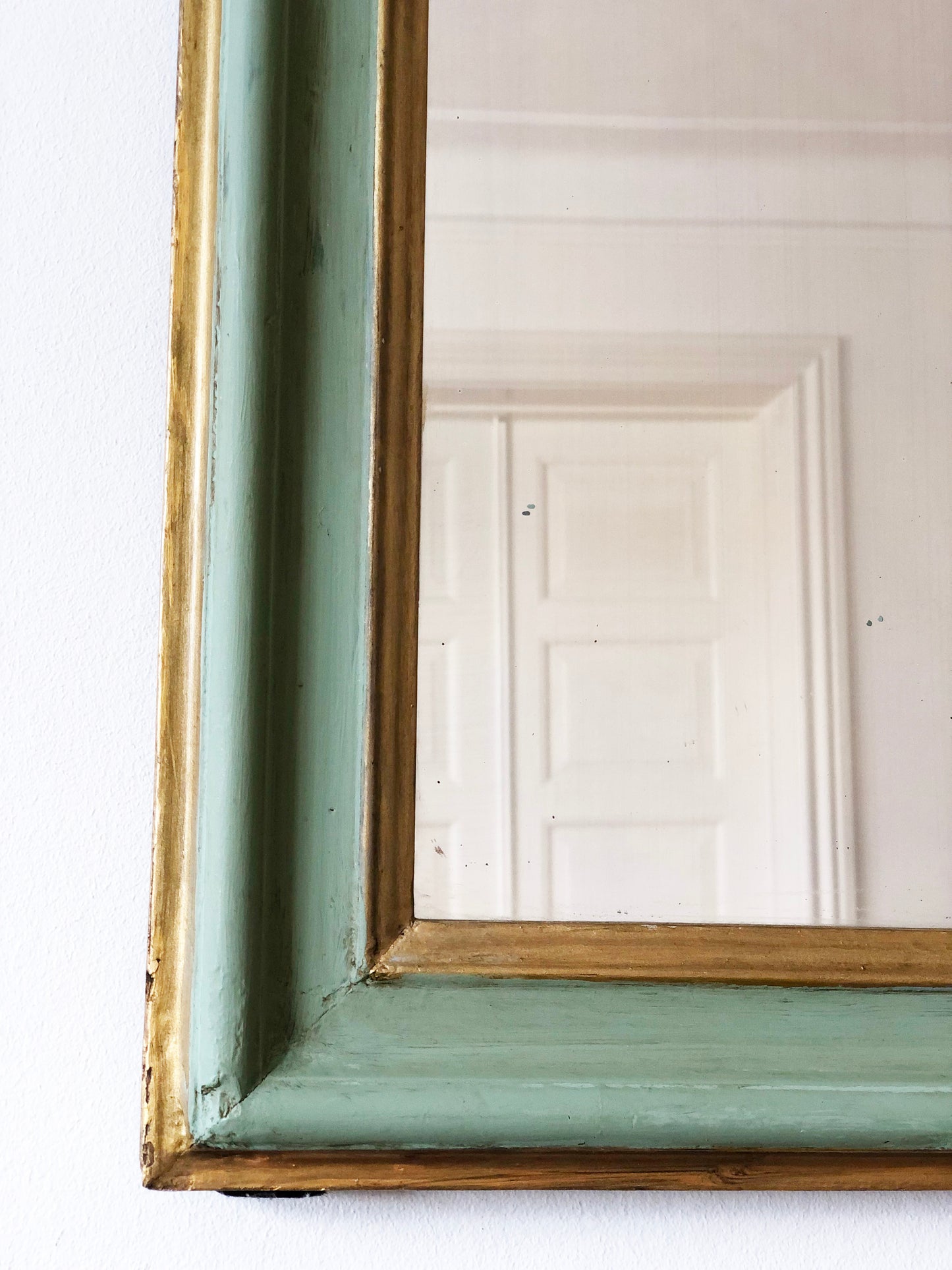 Antique Louis Philippe French Small Full length Mirror in Green and Gold, Late 19th Century