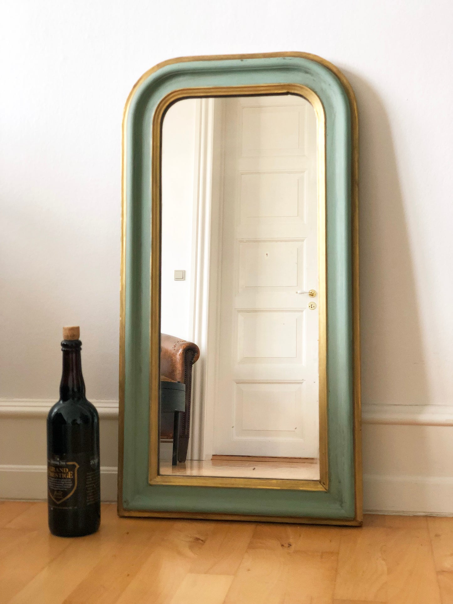 Antique Louis Philippe French Small Full length Mirror in Green and Gold, Late 19th Century