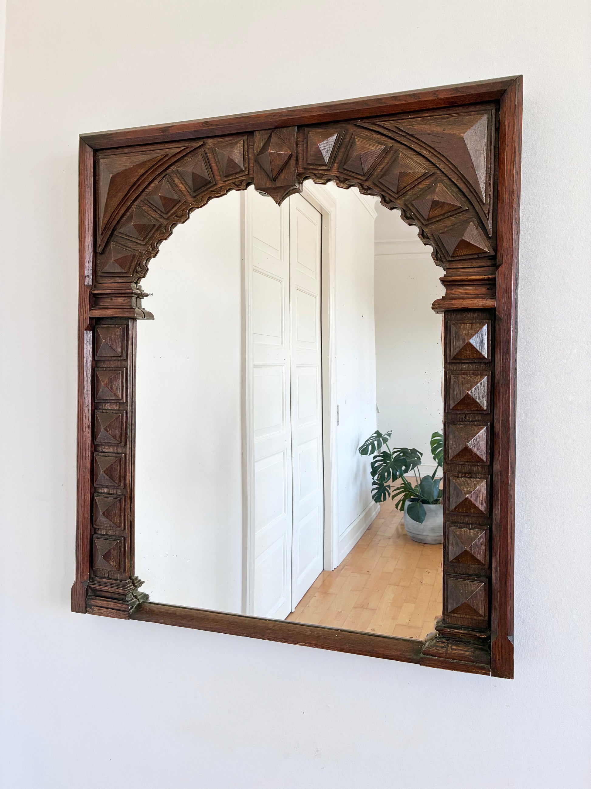 Antique Spanish Revival Oak Wall Mirror with Geometric Carving
