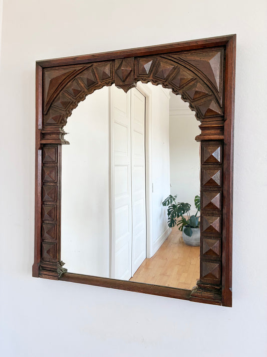 Antique Spanish Revival Oak Wall Mirror with Geometric Carving