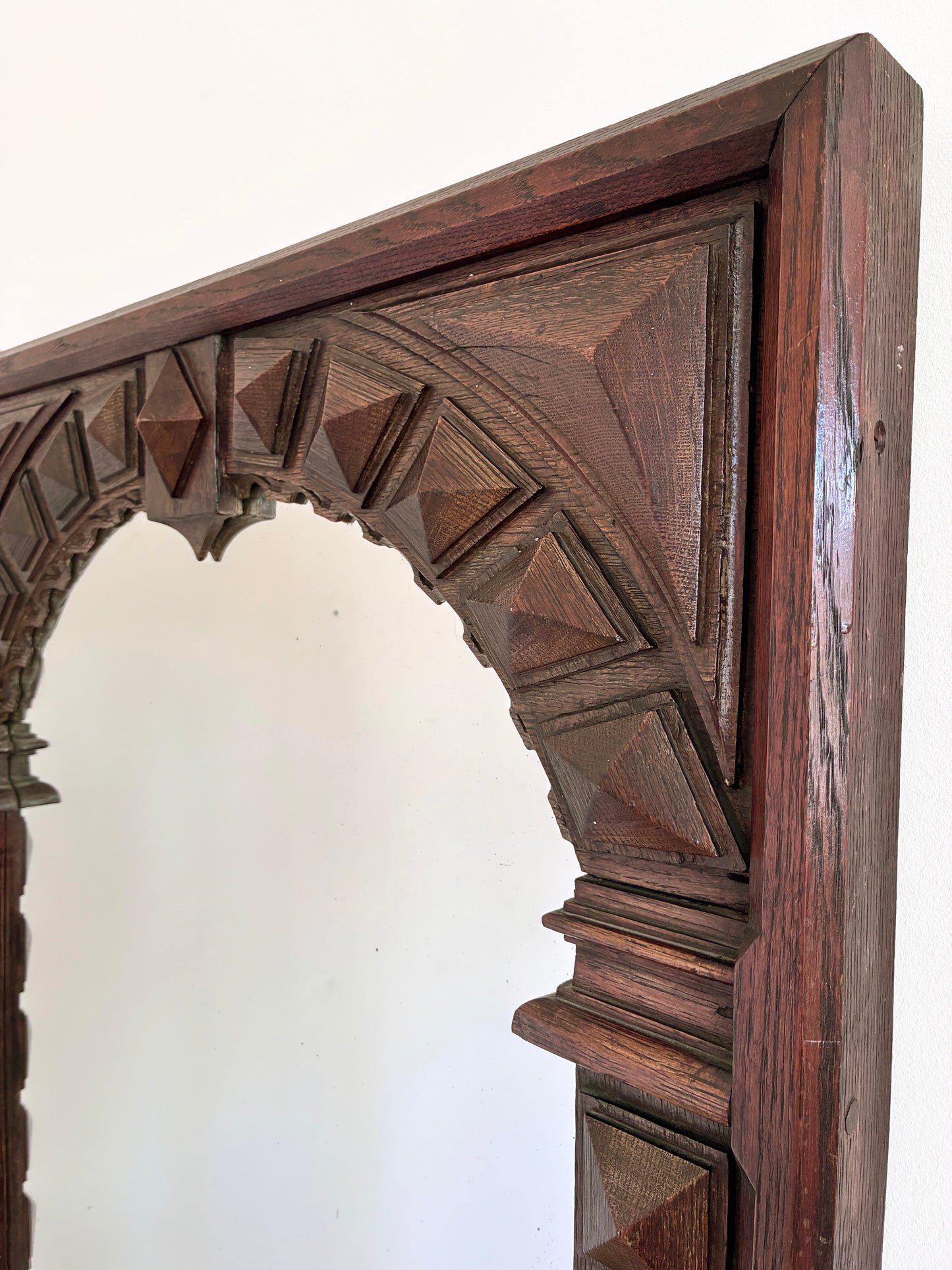 Antique Spanish Revival Oak Wall Mirror with Geometric Carving