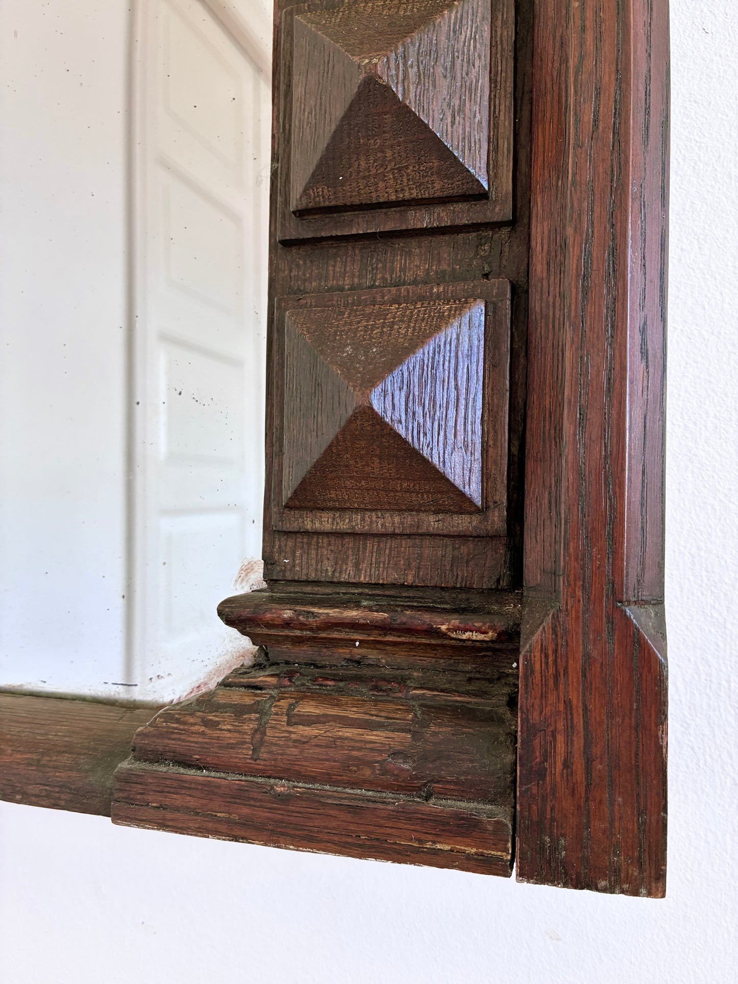 Antique Spanish Revival Oak Wall Mirror with Geometric Carving