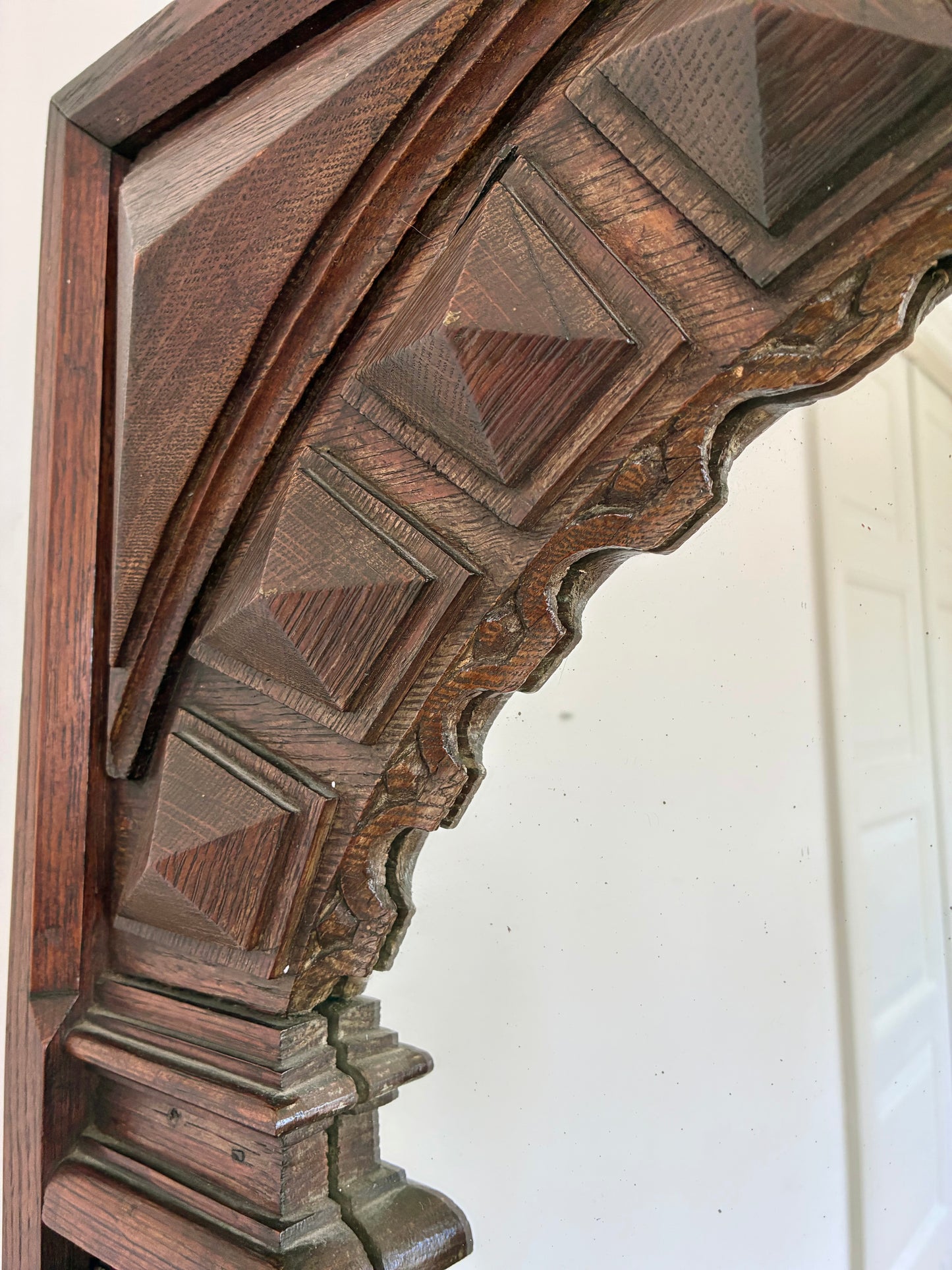 Antique Spanish Revival Oak Wall Mirror with Geometric Carving