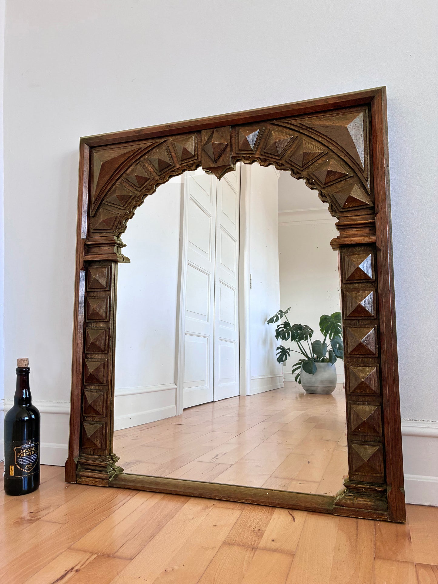 Antique Spanish Revival Oak Wall Mirror with Geometric Carving