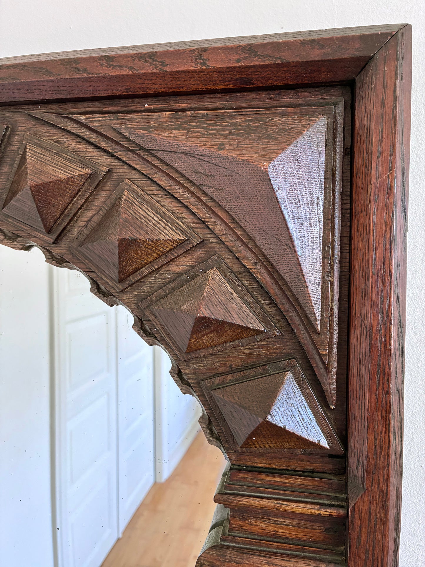 Antique Spanish Revival Oak Wall Mirror with Geometric Carving
