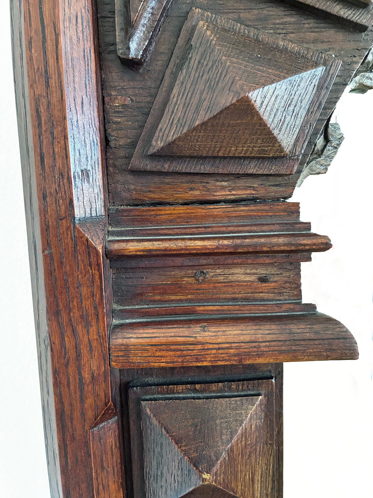 Antique Spanish Revival Oak Wall Mirror with Geometric Carving