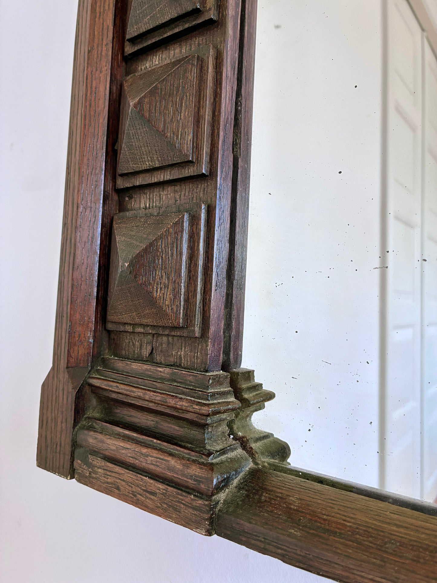 Antique Spanish Revival Oak Wall Mirror with Geometric Carving