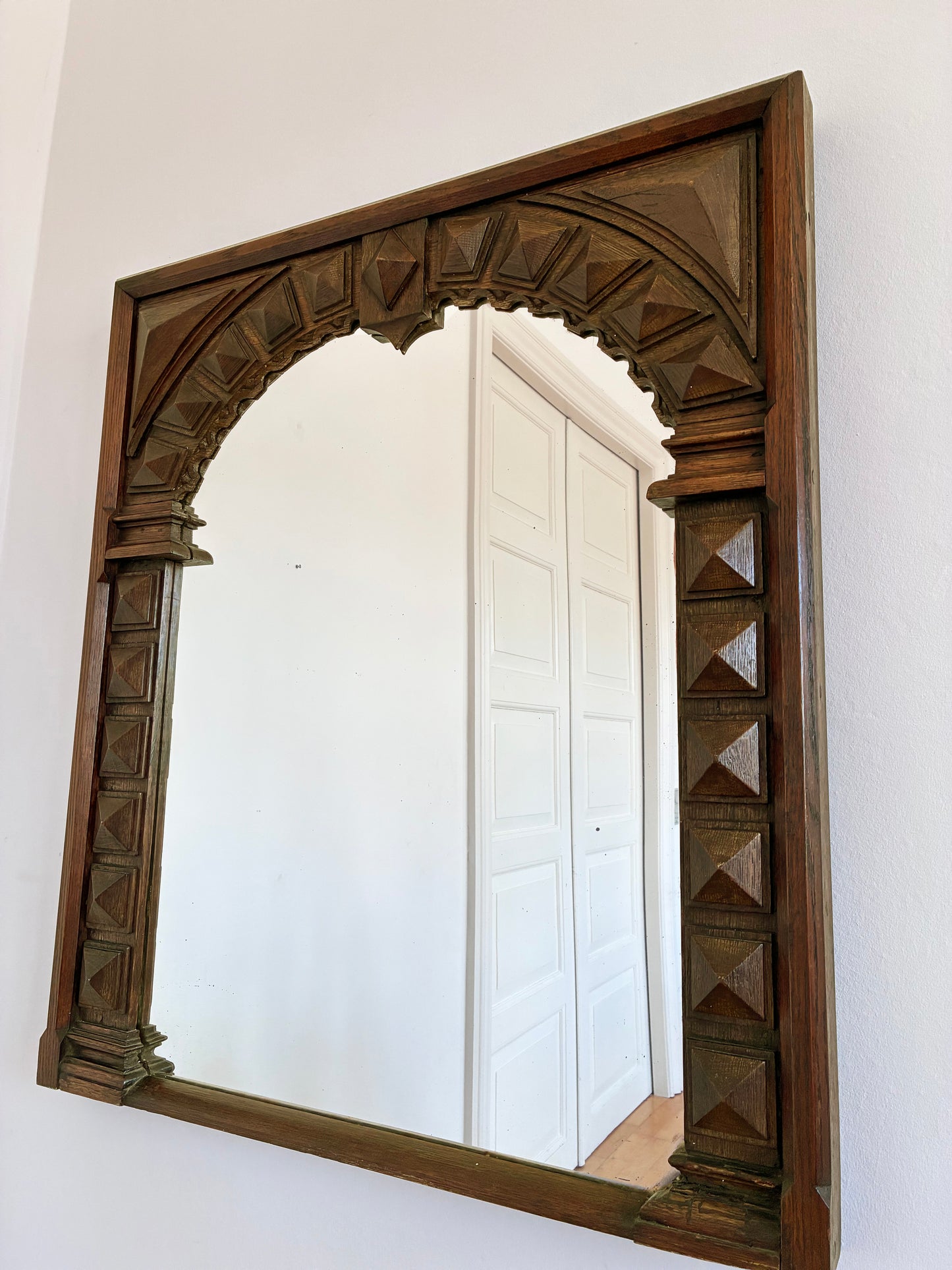 Antique Spanish Revival Oak Wall Mirror with Geometric Carving