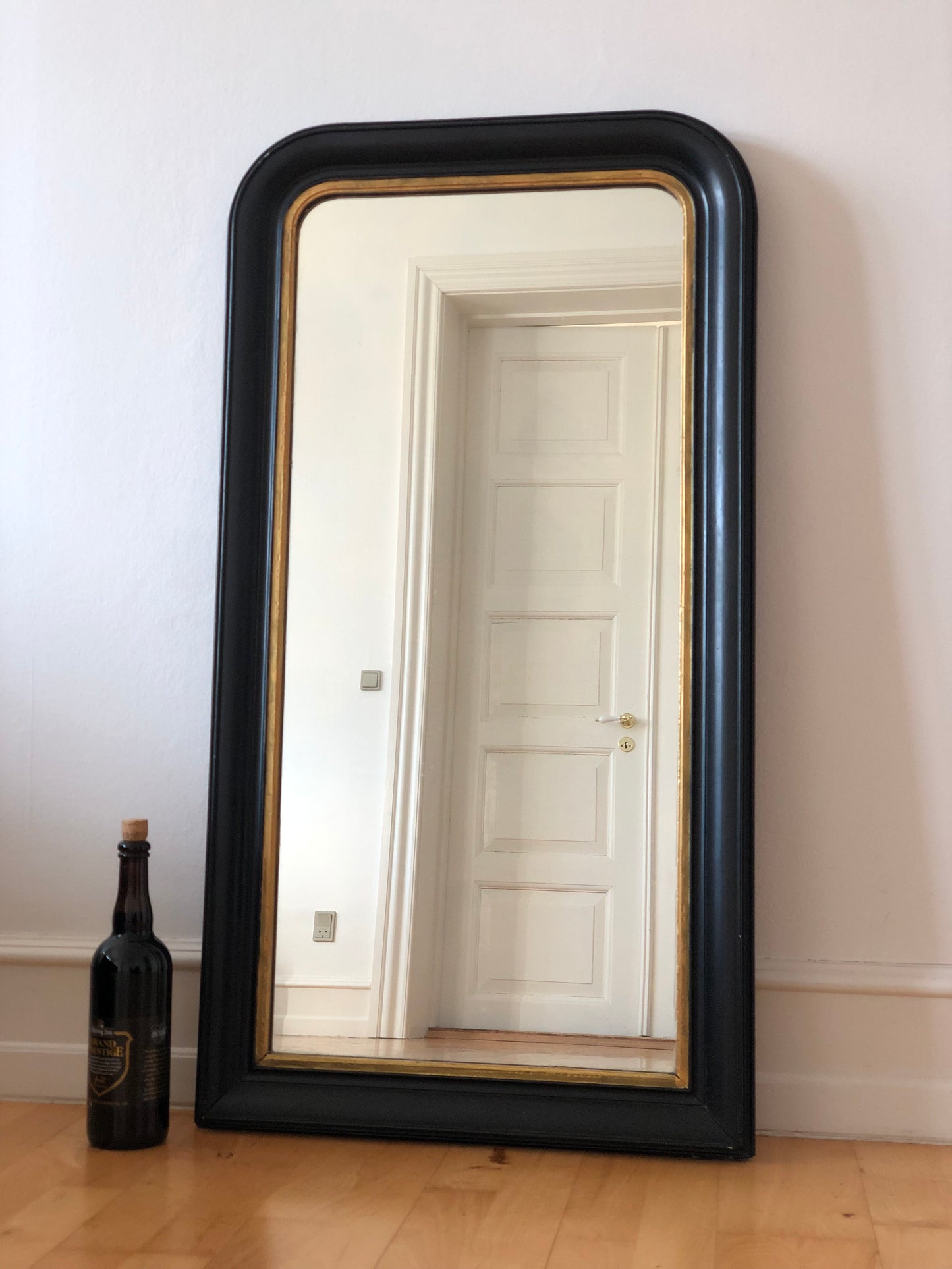 Large Antique Louis Philippe Full Length Mirror in Black and Gold France Late 19th Century