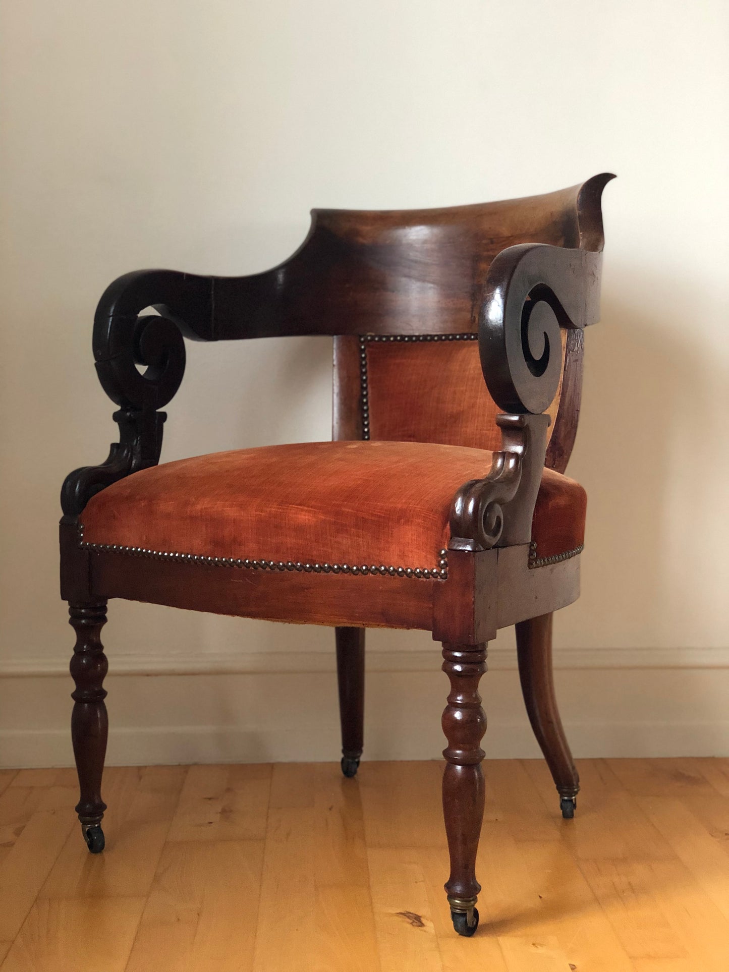 Antique Mahogany Armchair with Burgundy Fabric and Casters United Kingdom