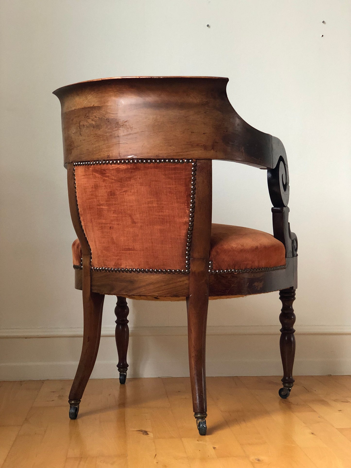 Antique Mahogany Armchair with Burgundy Fabric and Casters United Kingdom