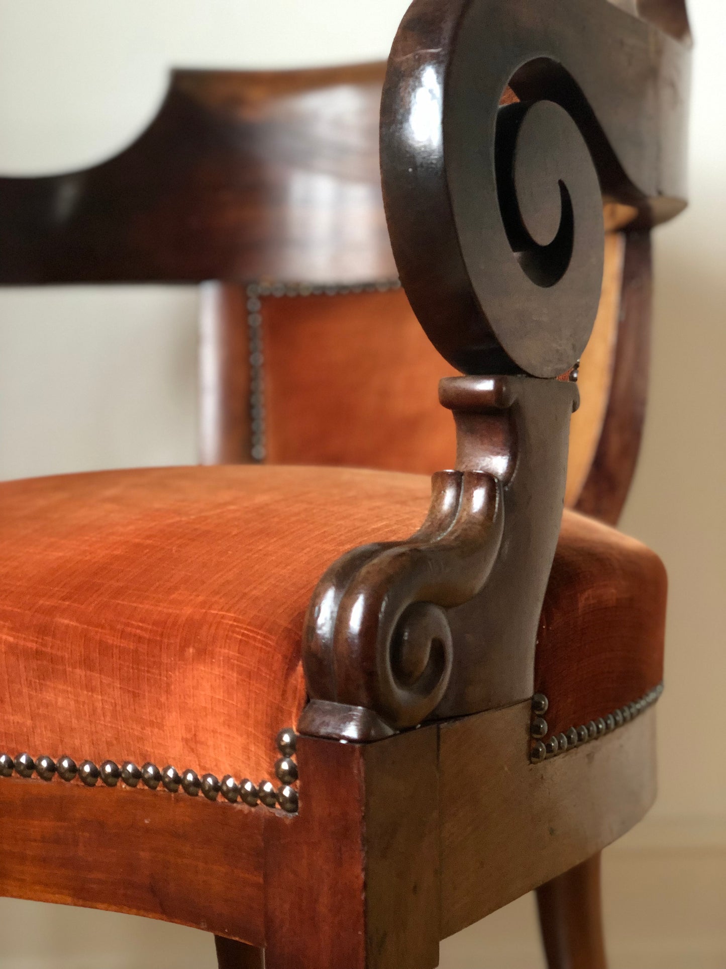 Antique Mahogany Armchair with Burgundy Fabric and Casters United Kingdom