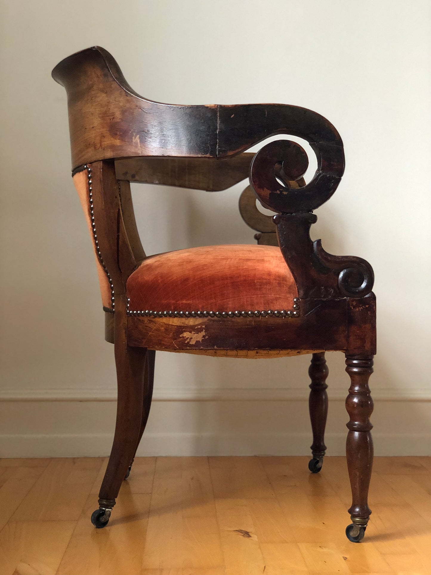 Antique Mahogany Armchair with Burgundy Fabric and Casters United Kingdom