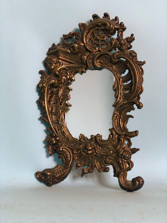 Antique Rococo Bronze Table Mirror with Cherub Detail