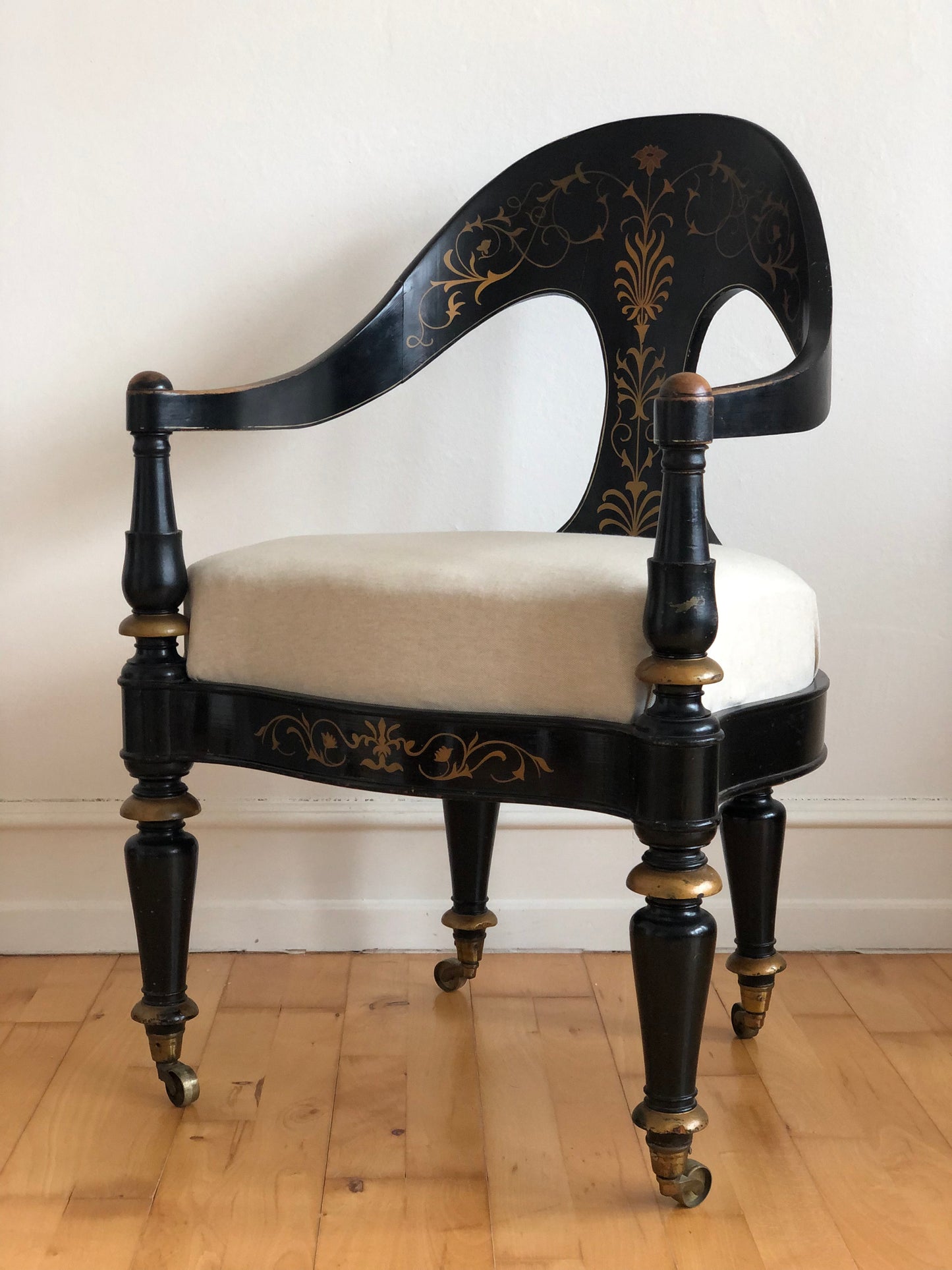 Danish Cabinetmaker Armchair, 1860s, Black Lacquer with Gold Decoration, Brass Castors, Empire/Biedermeier