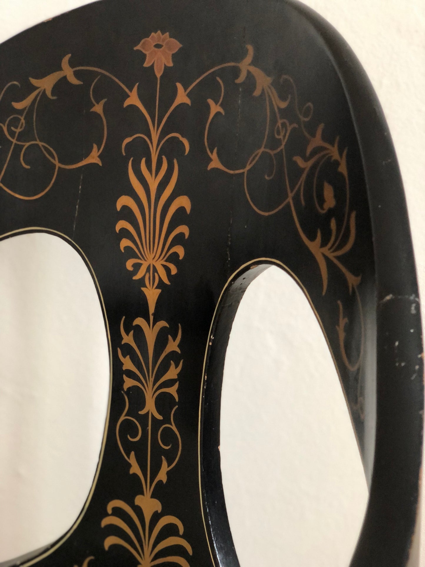 Danish Cabinetmaker Armchair, 1860s, Black Lacquer with Gold Decoration, Brass Castors, Empire/Biedermeier