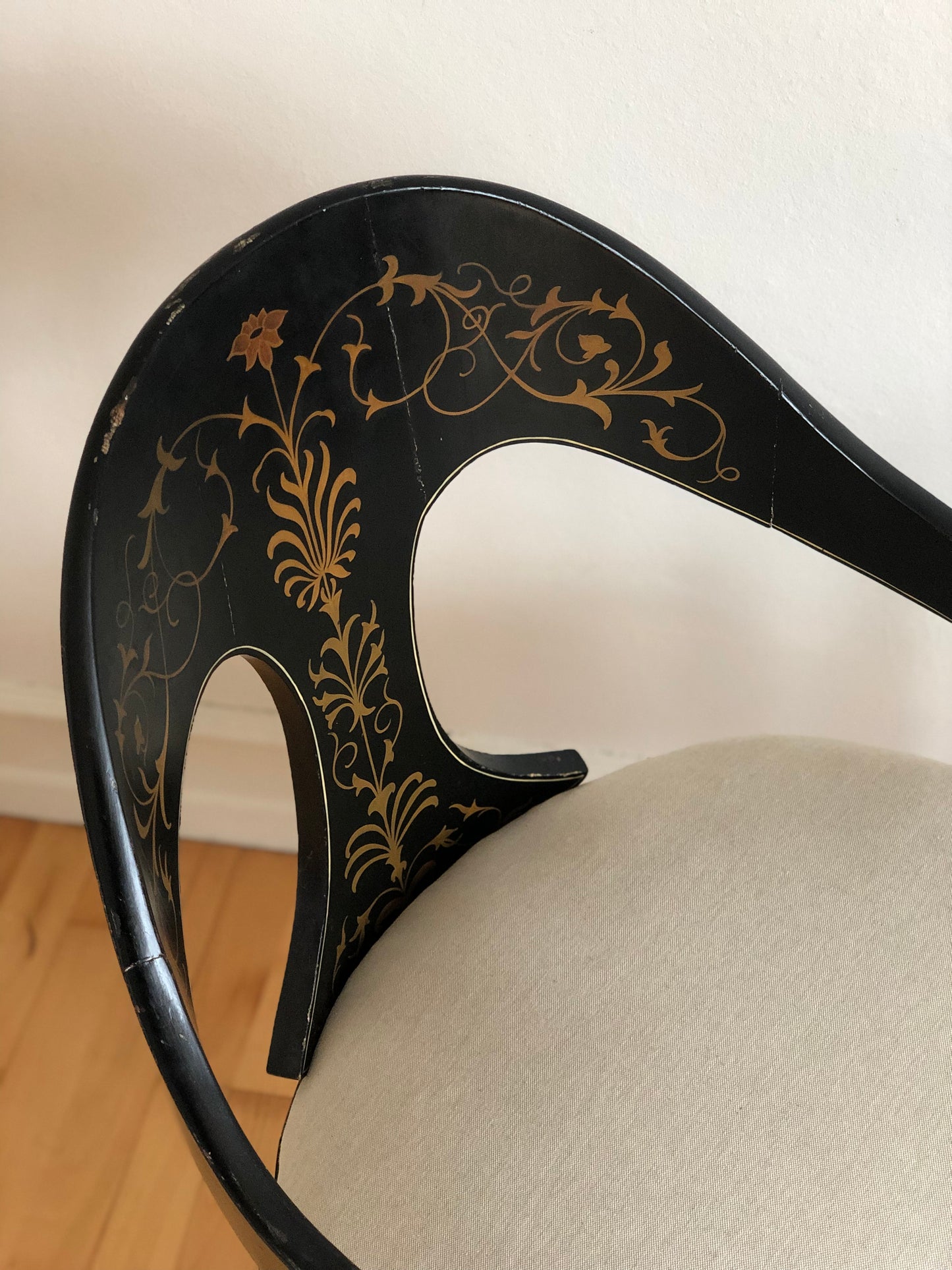 Danish Cabinetmaker Armchair, 1860s, Black Lacquer with Gold Decoration, Brass Castors, Empire/Biedermeier