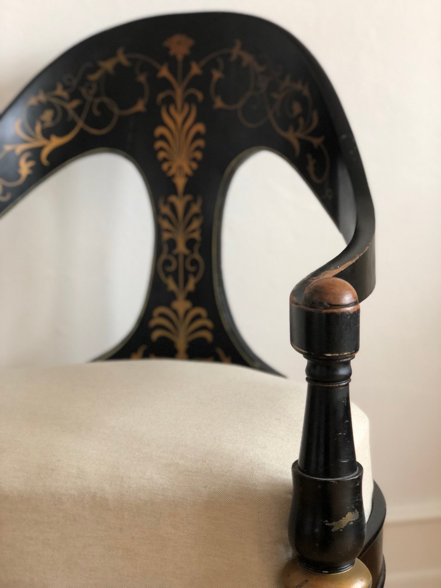 Danish Cabinetmaker Armchair, 1860s, Black Lacquer with Gold Decoration, Brass Castors, Empire/Biedermeier