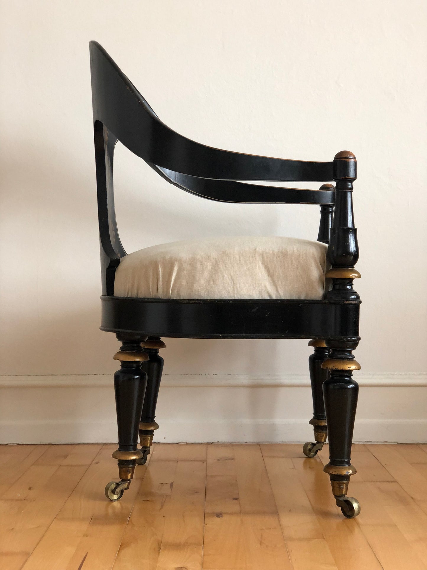 Danish Cabinetmaker Armchair, 1860s, Black Lacquer with Gold Decoration, Brass Castors, Empire/Biedermeier