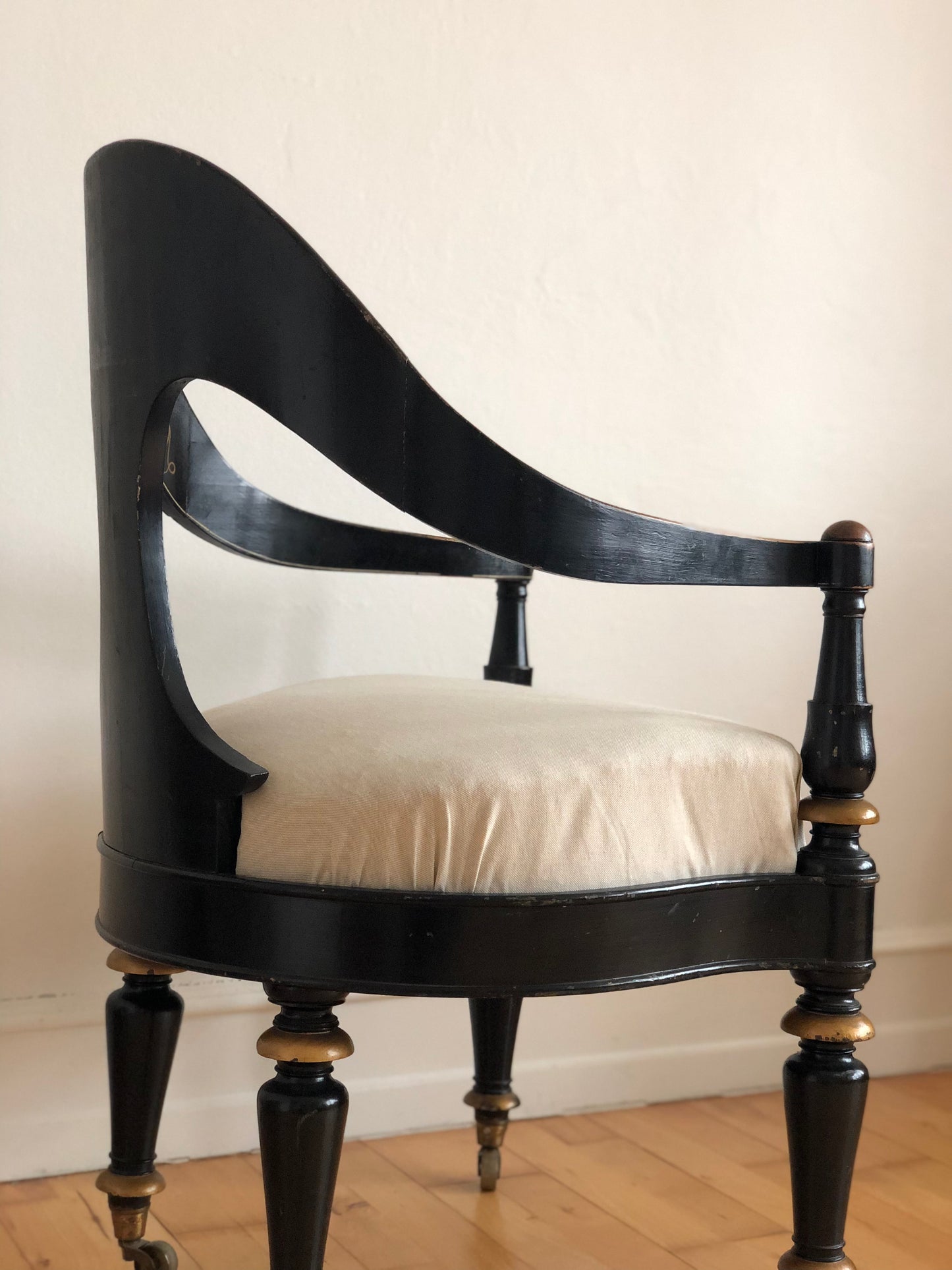 Danish Cabinetmaker Armchair, 1860s, Black Lacquer with Gold Decoration, Brass Castors, Empire/Biedermeier