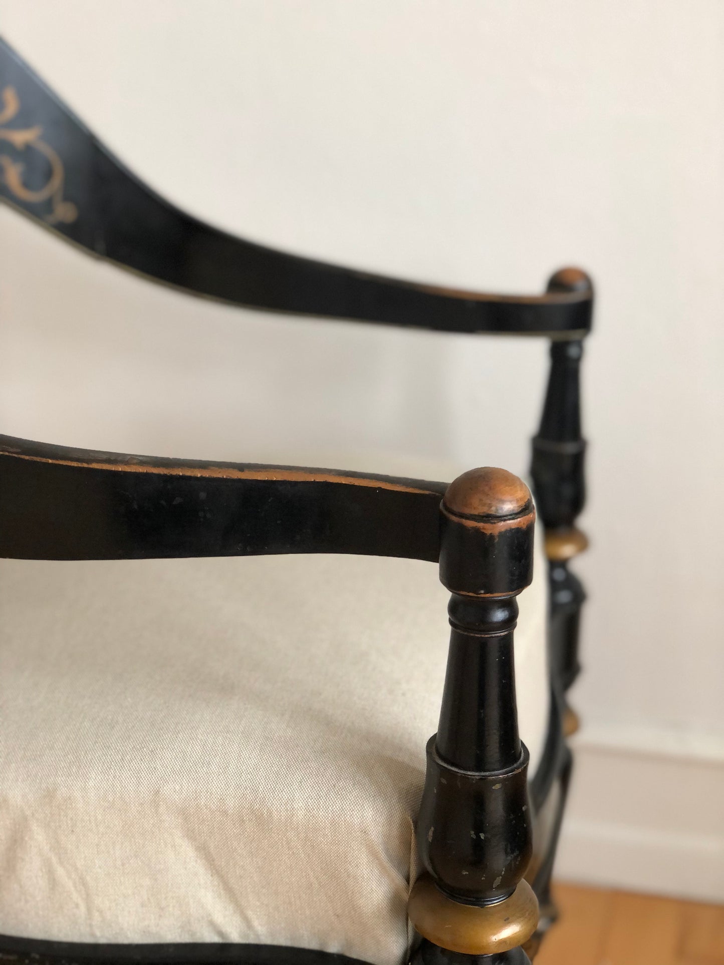 Danish Cabinetmaker Armchair, 1860s, Black Lacquer with Gold Decoration, Brass Castors, Empire/Biedermeier