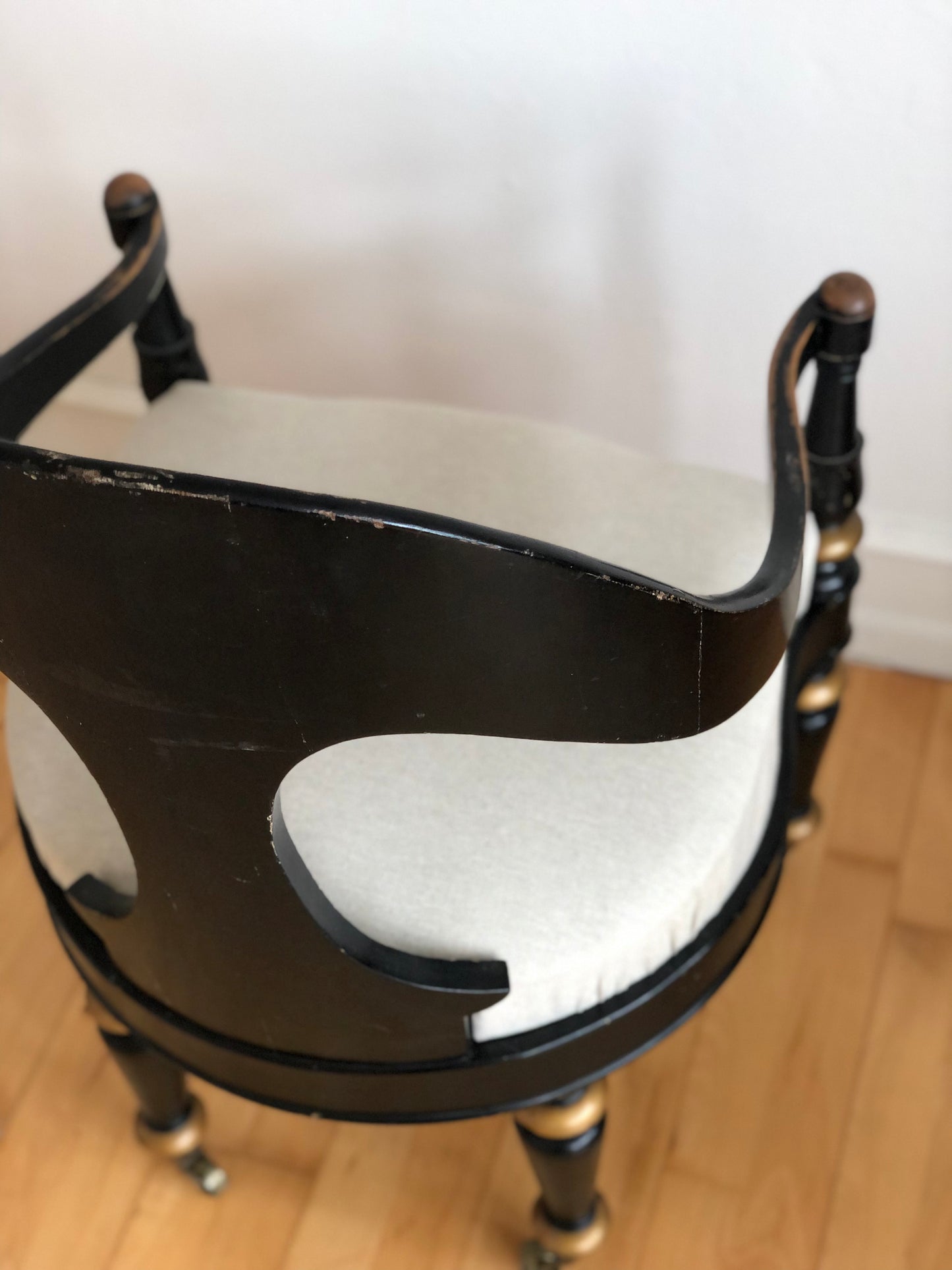 Danish Cabinetmaker Armchair, 1860s, Black Lacquer with Gold Decoration, Brass Castors, Empire/Biedermeier