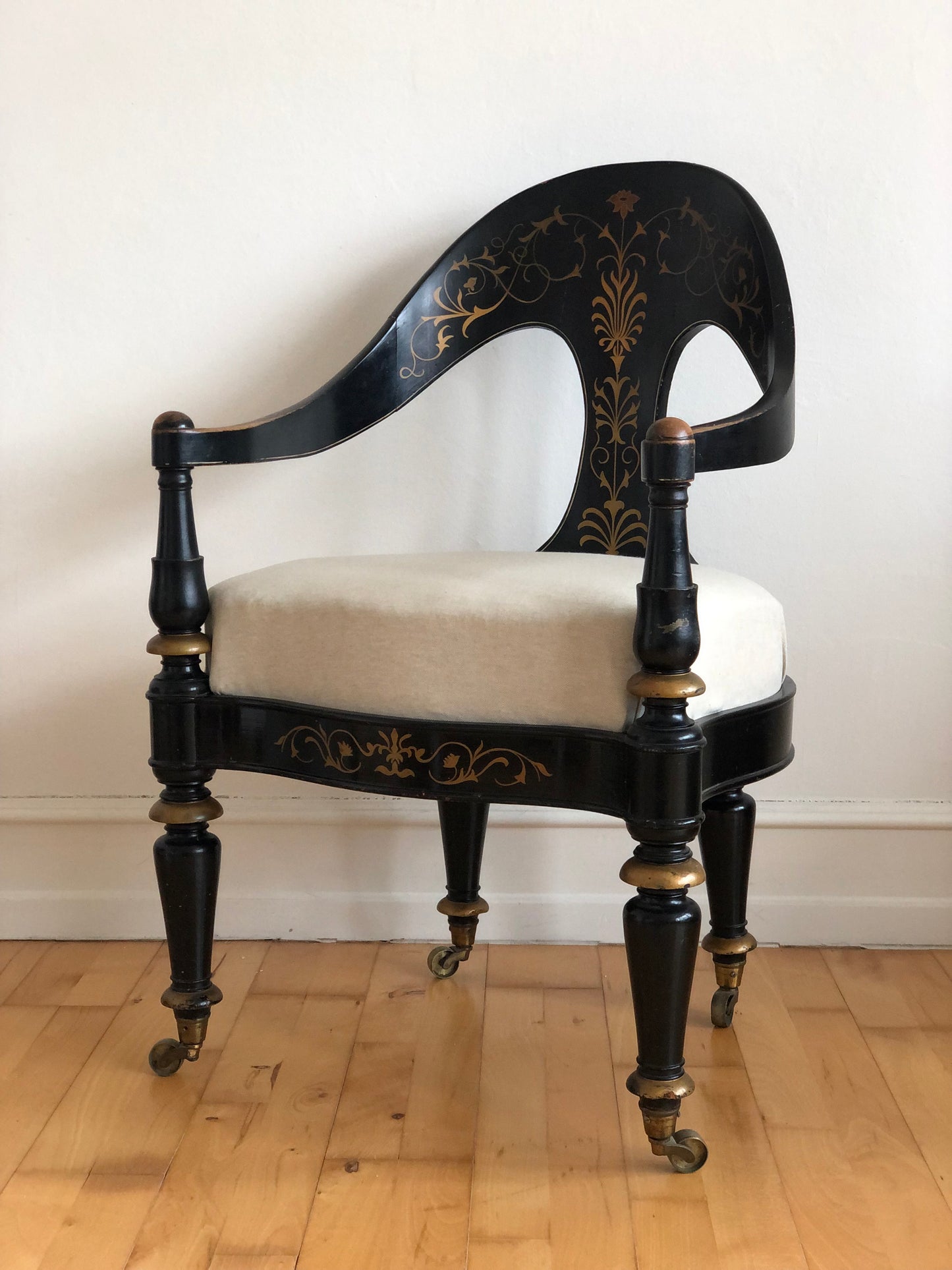 Danish Cabinetmaker Armchair, 1860s, Black Lacquer with Gold Decoration, Brass Castors, Empire/Biedermeier