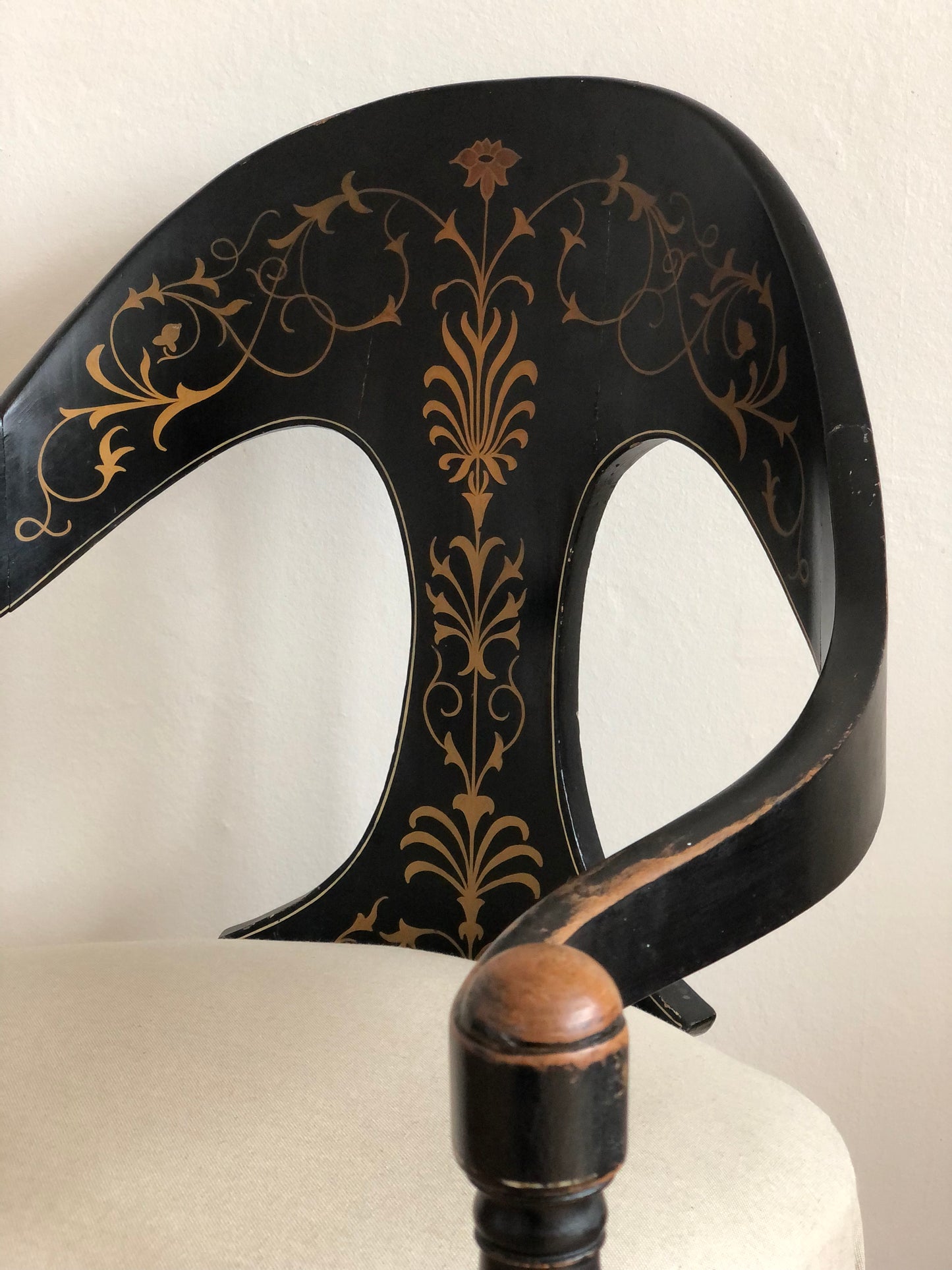 Danish Cabinetmaker Armchair, 1860s, Black Lacquer with Gold Decoration, Brass Castors, Empire/Biedermeier