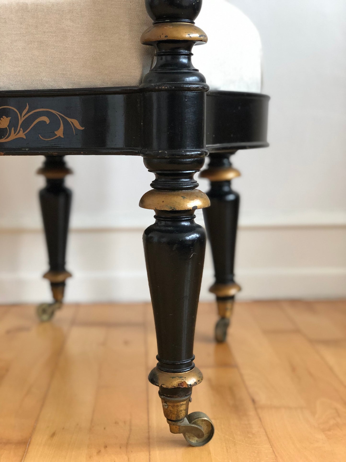 Danish Cabinetmaker Armchair, 1860s, Black Lacquer with Gold Decoration, Brass Castors, Empire/Biedermeier