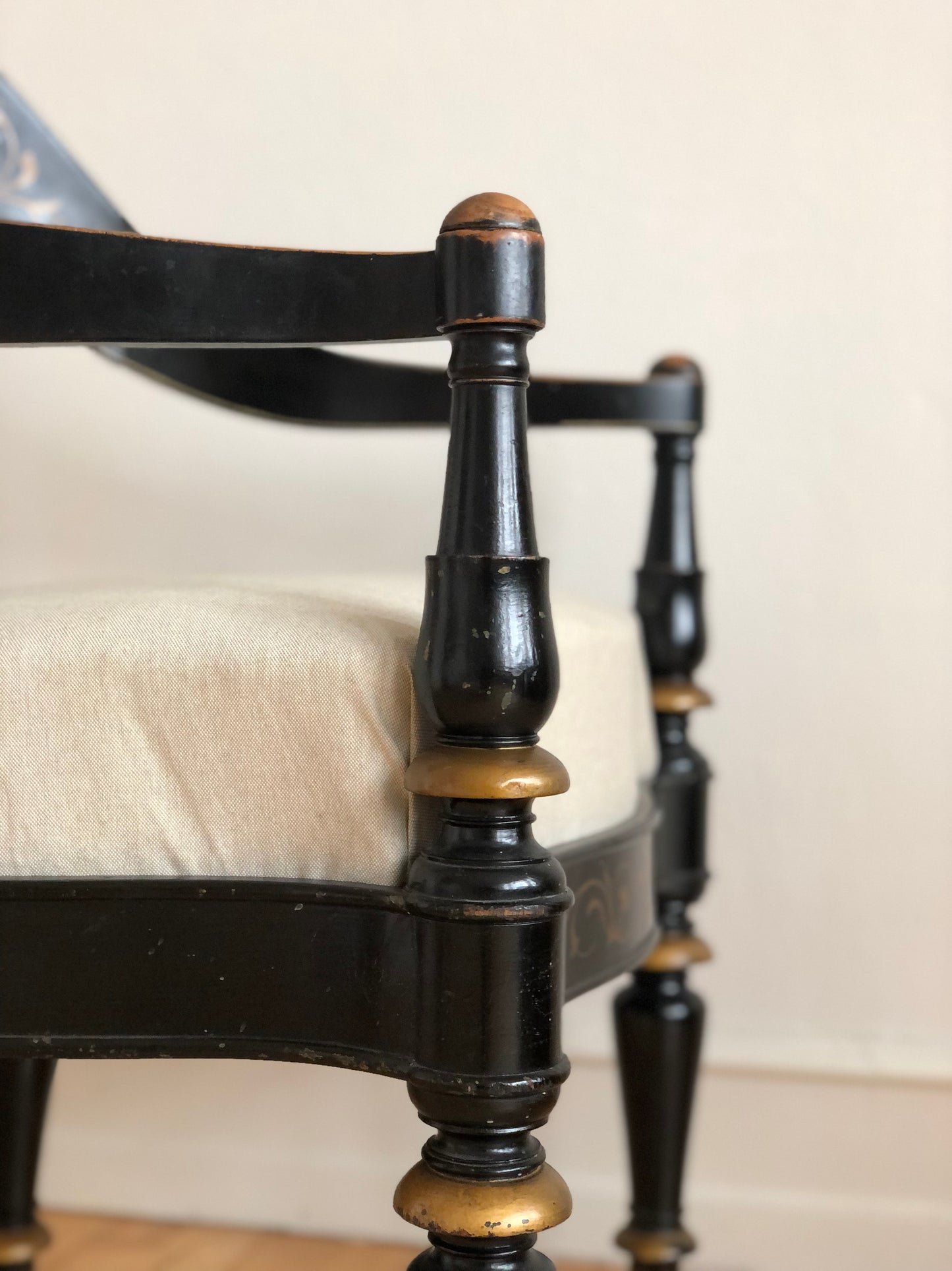 Danish Cabinetmaker Armchair, 1860s, Black Lacquer with Gold Decoration, Brass Castors, Empire/Biedermeier