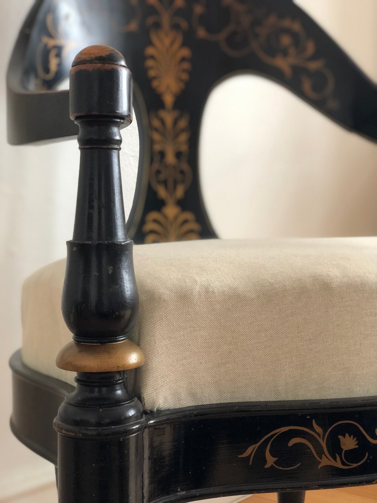 Danish Cabinetmaker Armchair, 1860s, Black Lacquer with Gold Decoration, Brass Castors, Empire/Biedermeier