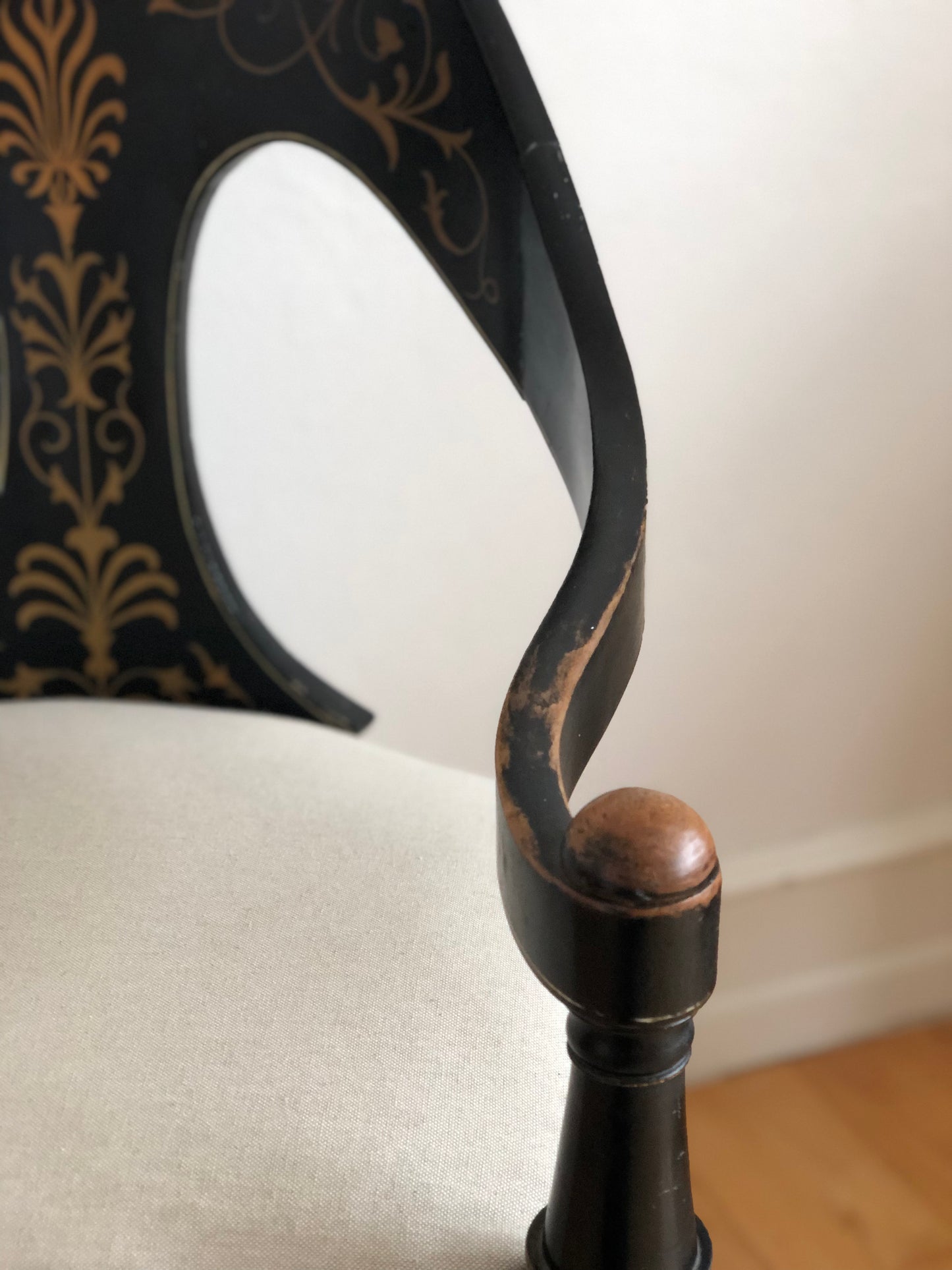 Danish Cabinetmaker Armchair, 1860s, Black Lacquer with Gold Decoration, Brass Castors, Empire/Biedermeier