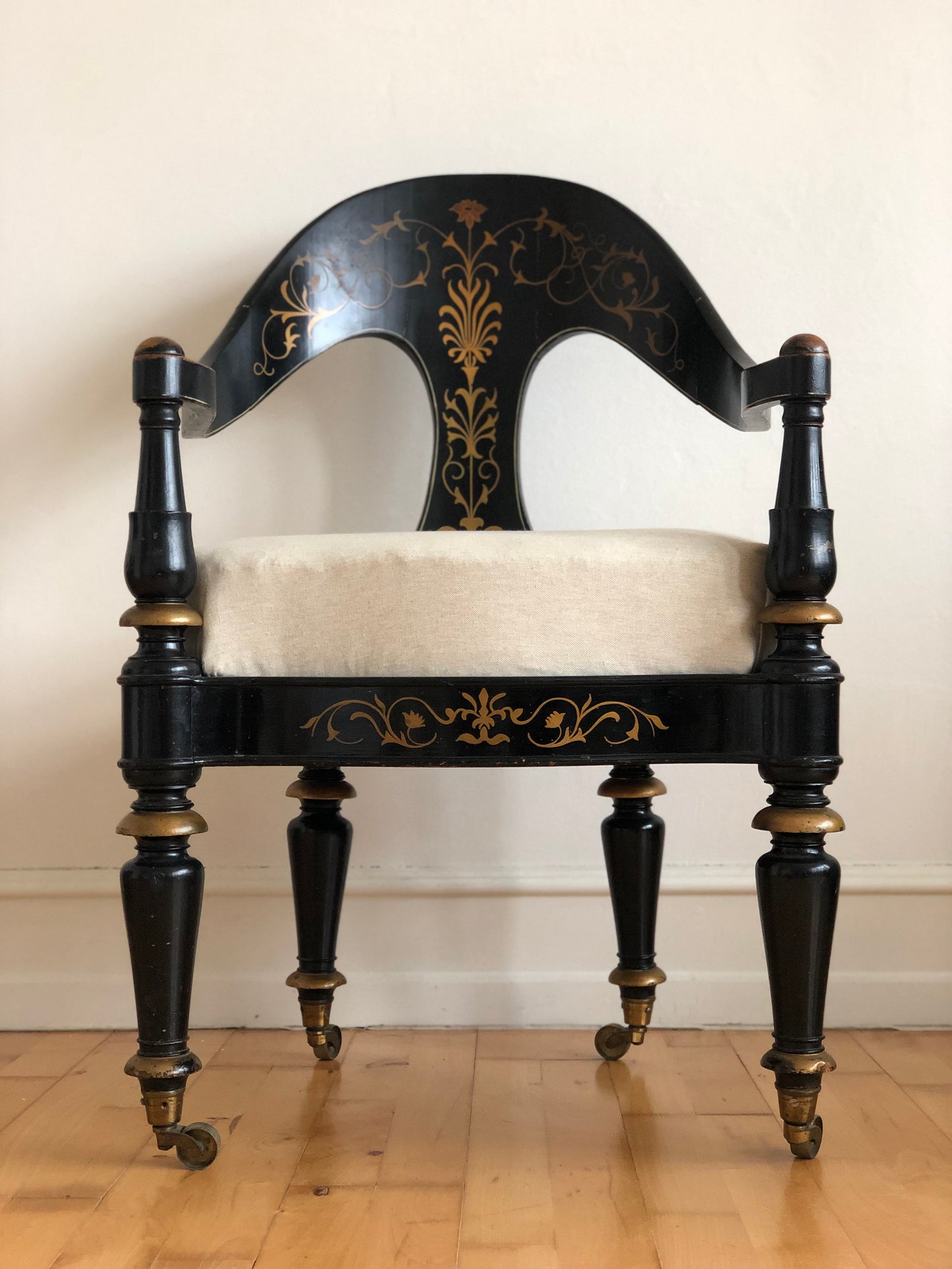 Danish Cabinetmaker Armchair, 1860s, Black Lacquer with Gold Decoration, Brass Castors, Empire/Biedermeier
