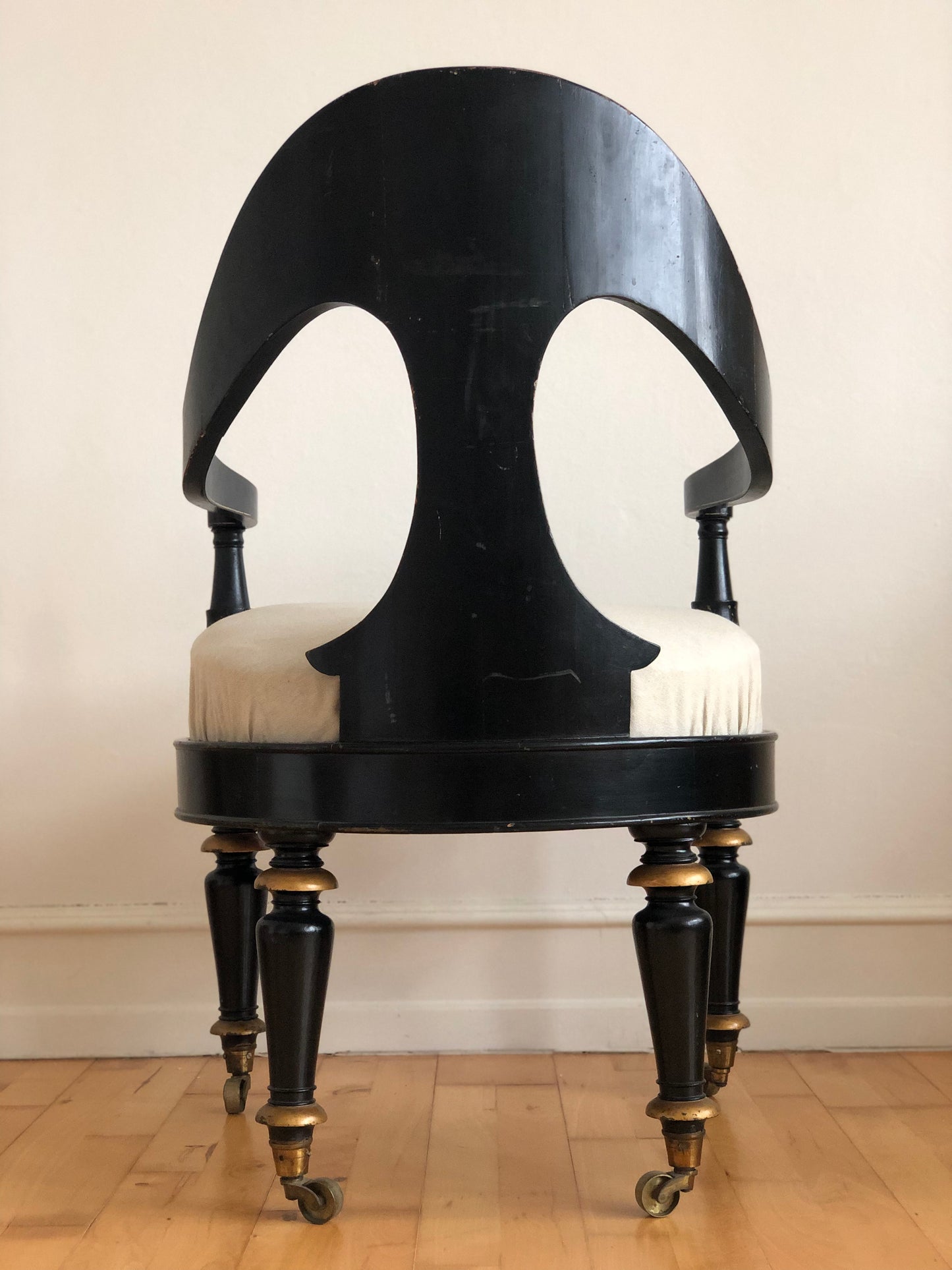 Danish Cabinetmaker Armchair, 1860s, Black Lacquer with Gold Decoration, Brass Castors, Empire/Biedermeier