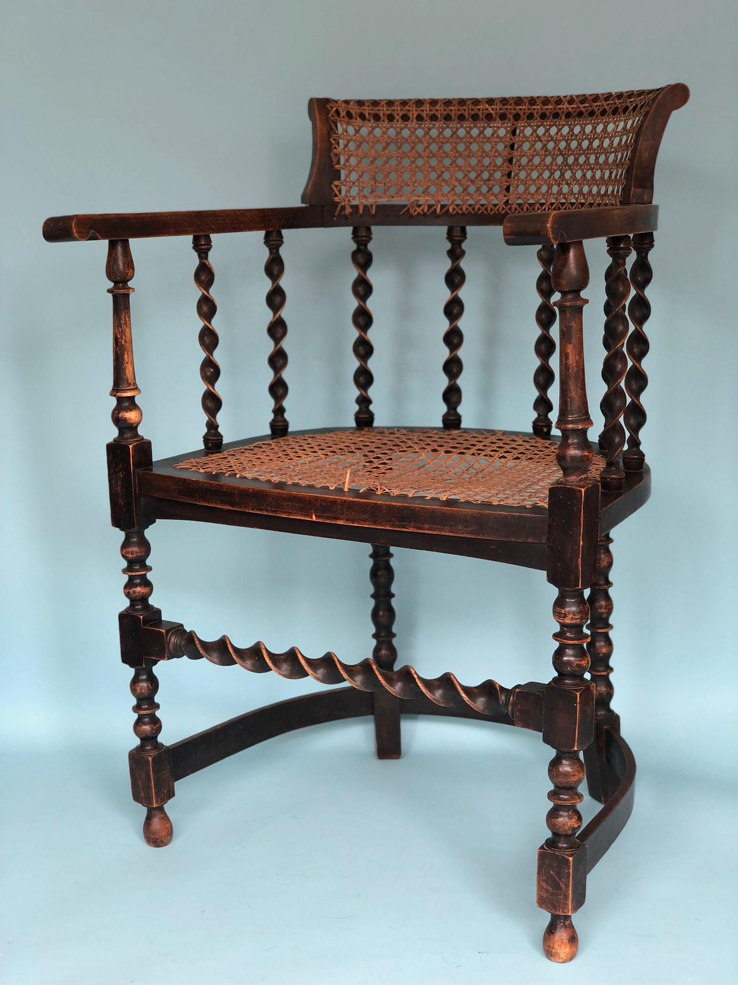 Early 20th Century Edwardian Barley Twist Corner Chair With Cane