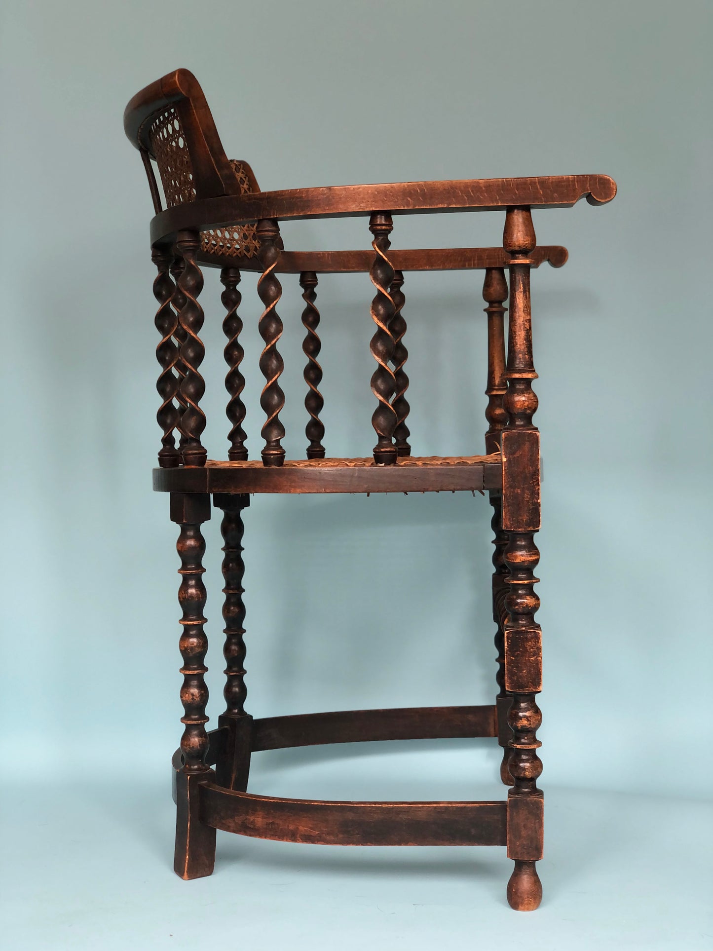 Early 20th Century Edwardian Barley Twist Corner Chair With Cane