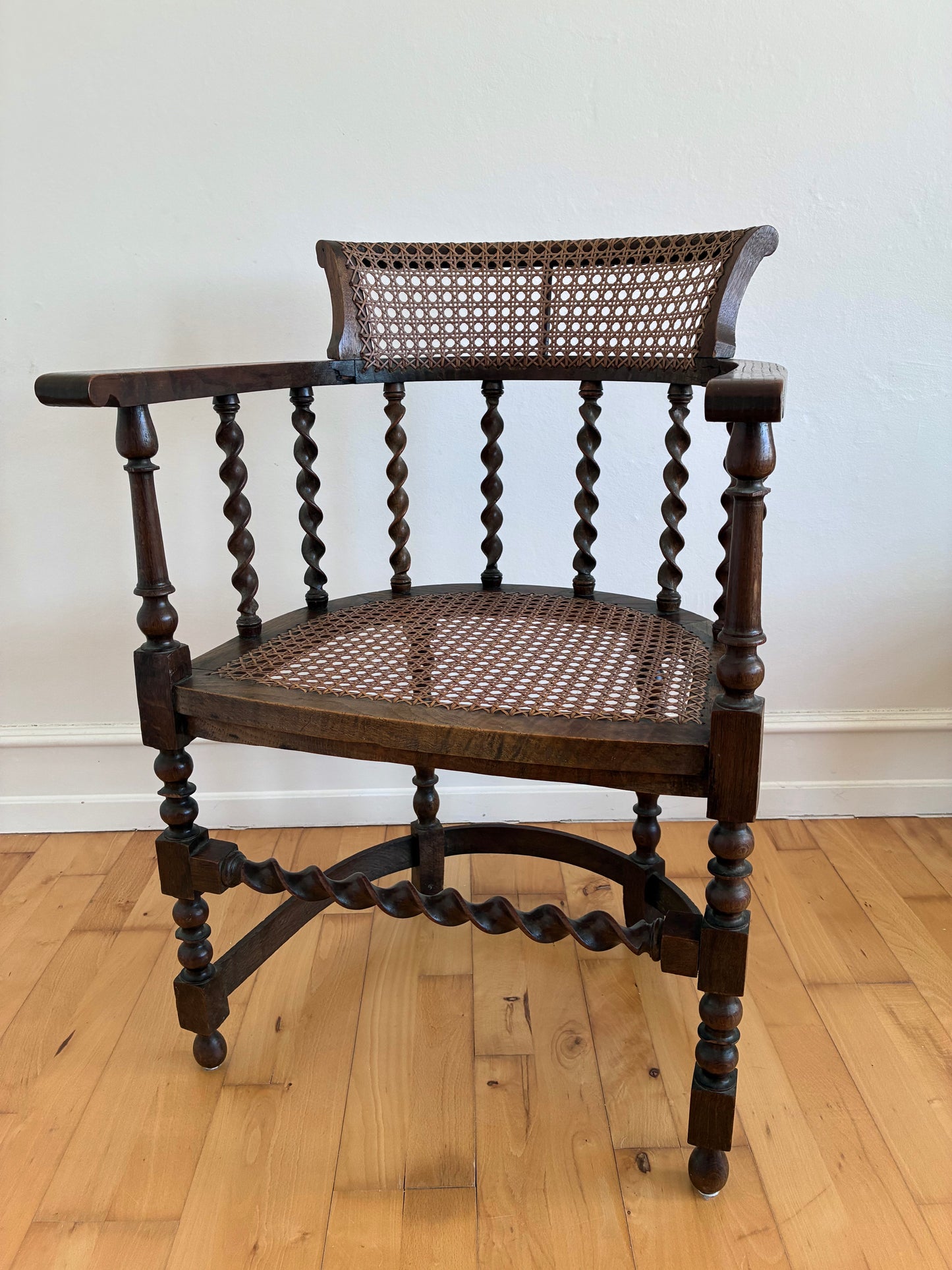 Edwardian Barley Twist Armchair with Cane, English, Early 20th Century