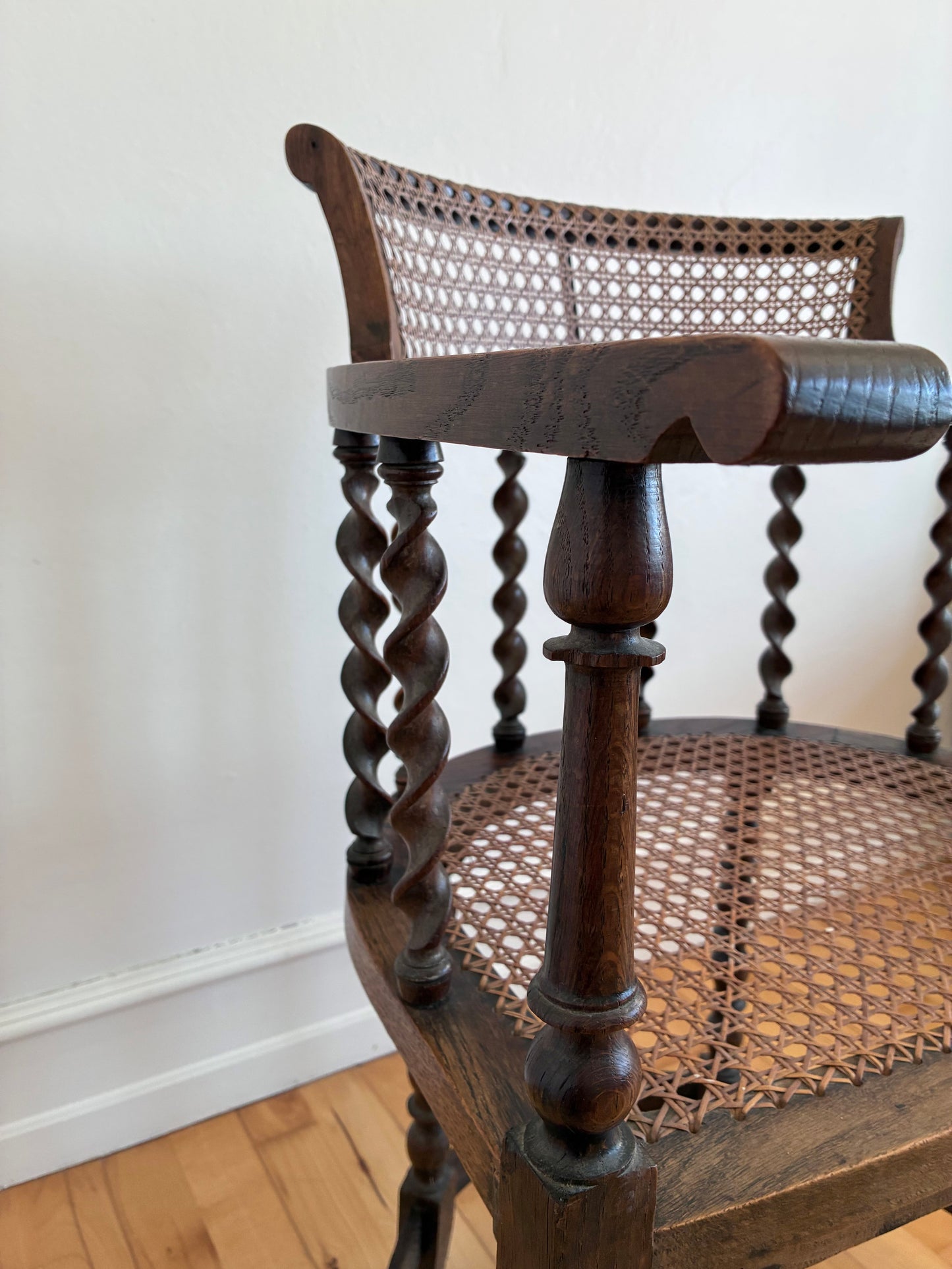 Edwardian Barley Twist Armchair with Cane, English, Early 20th Century