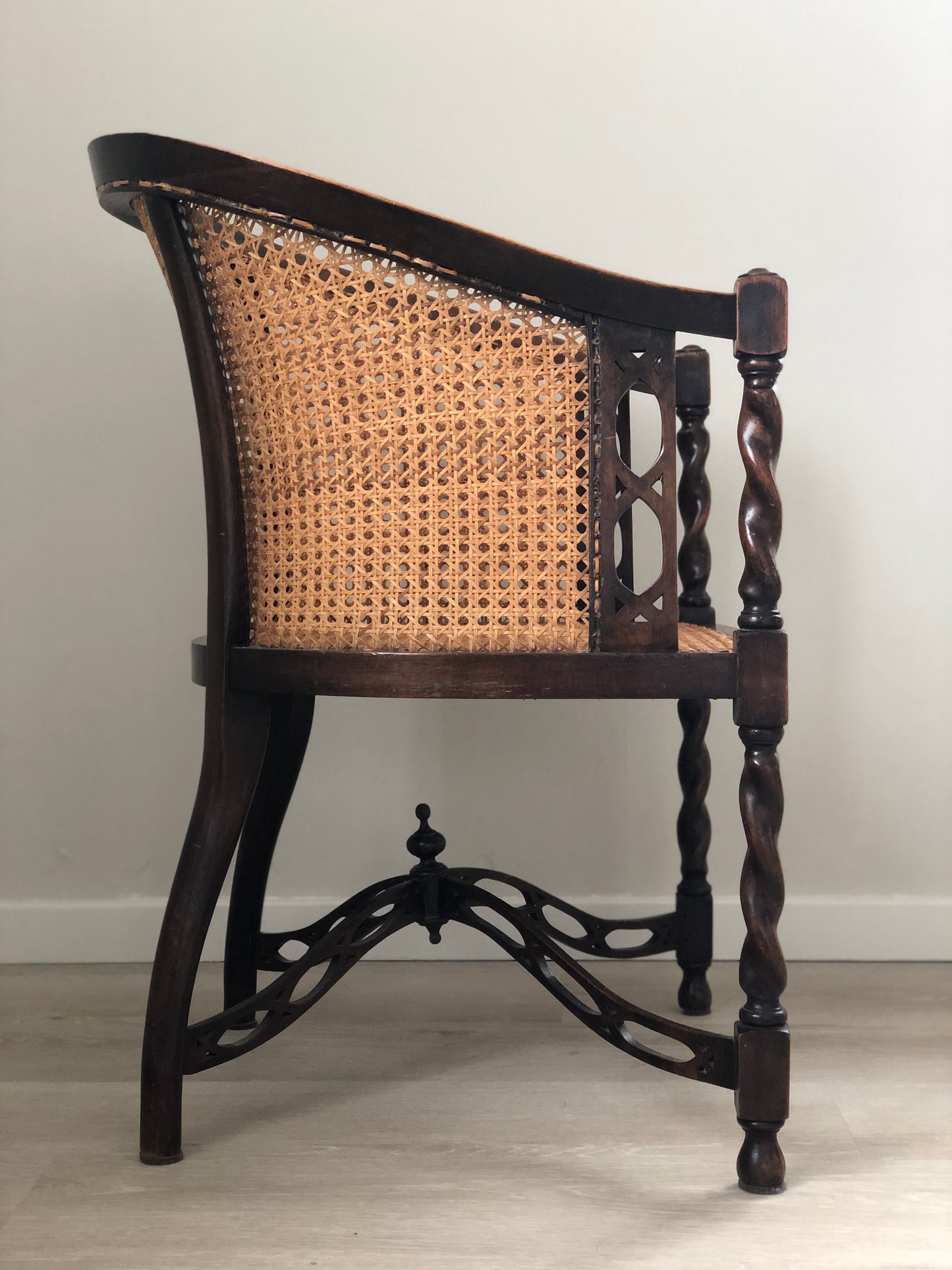 Early 20th Century Edwardian Barley Twist Corner Chair With Cane