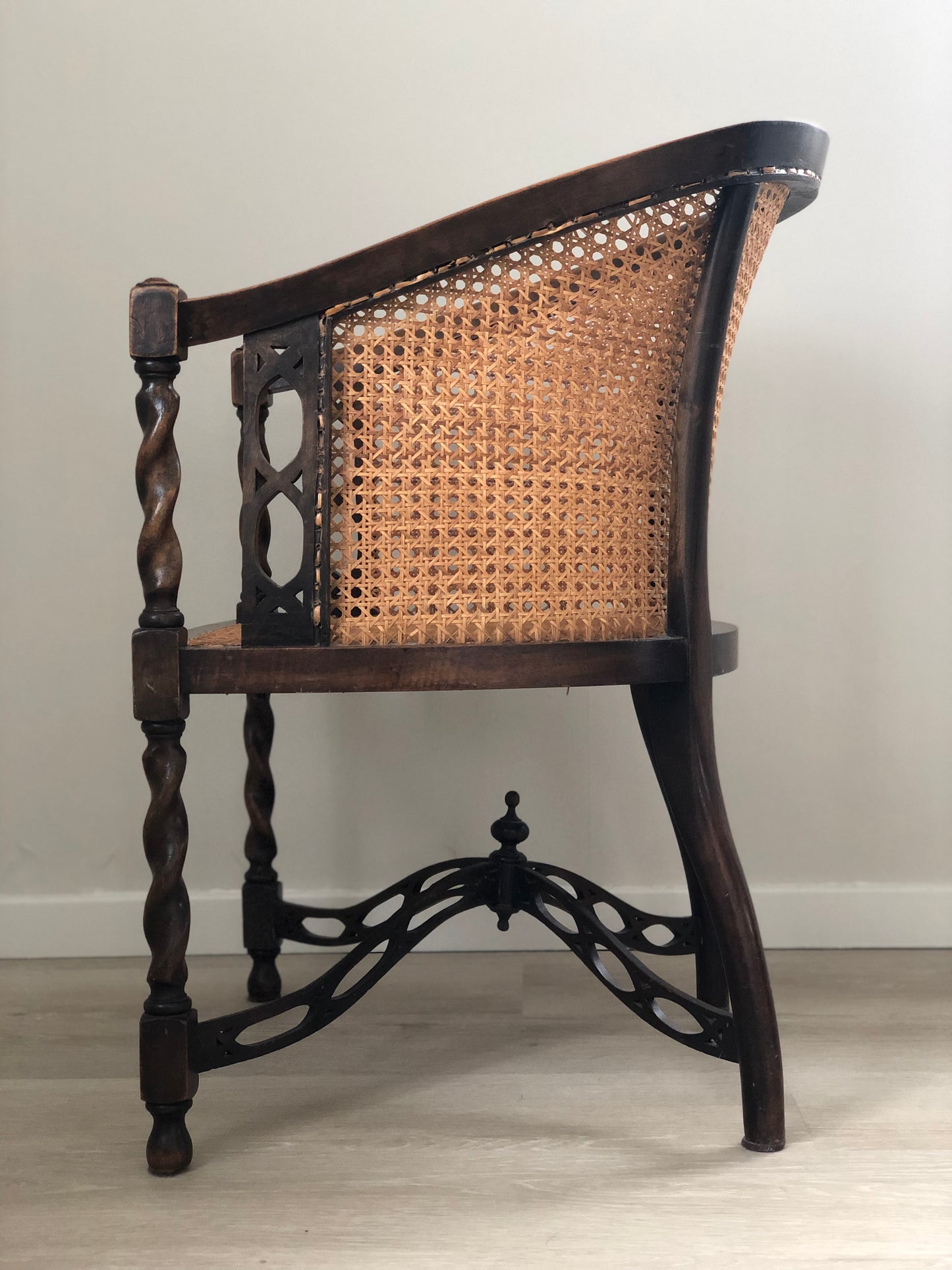 Early 20th Century Edwardian Barley Twist Corner Chair With Cane