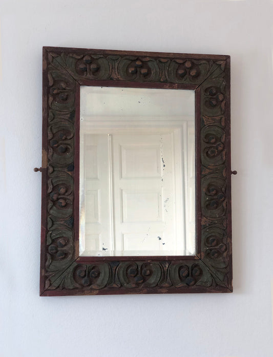 Folk Art Hand Carved Wooden Beveled Mirror