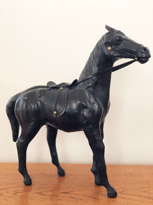 Handcrafted Leather Horse Statue with Brass Appointments