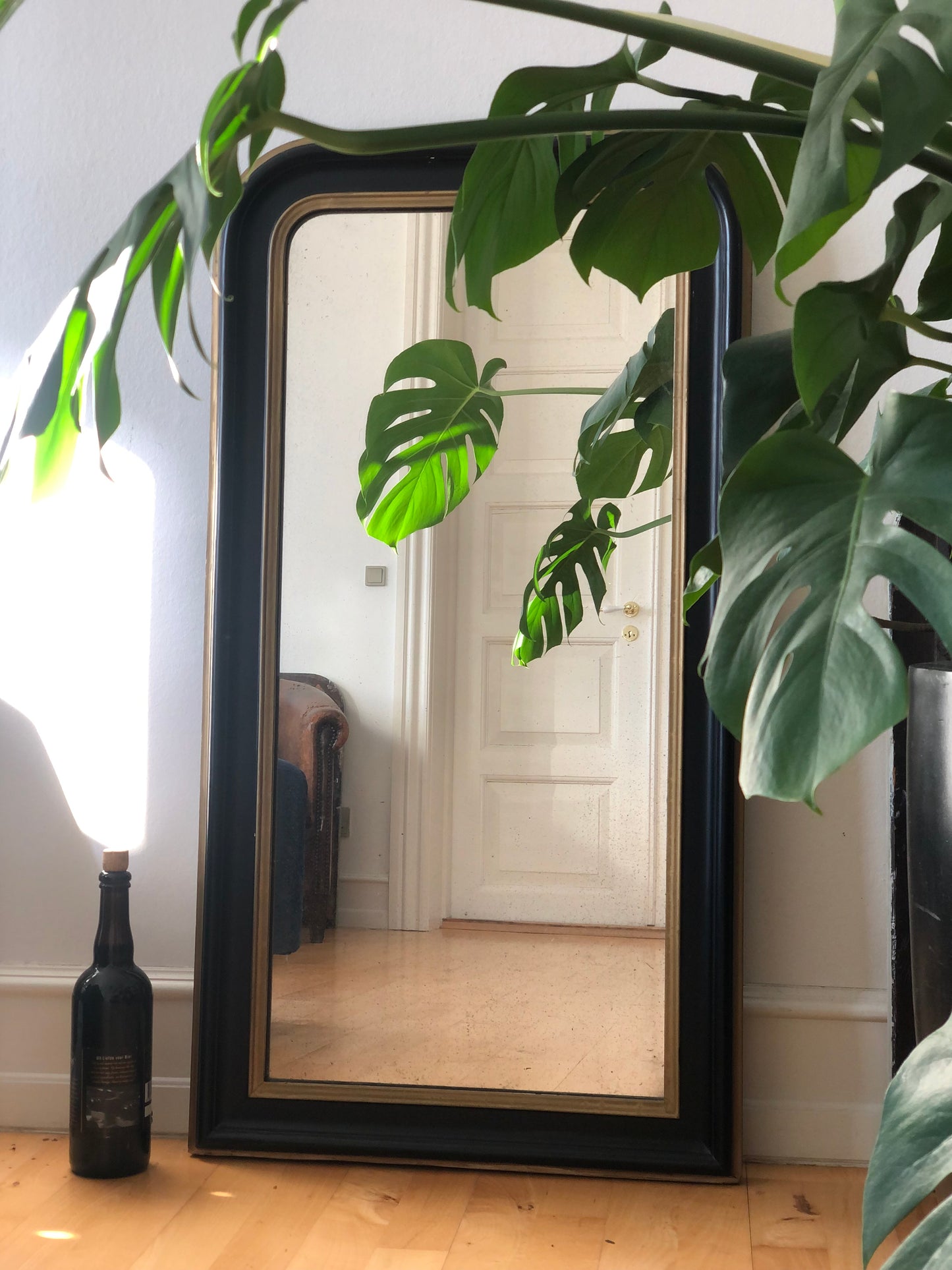 Large Antique French Louis Philippe Full Length Mirror – Black and Gold, Late 19th Century