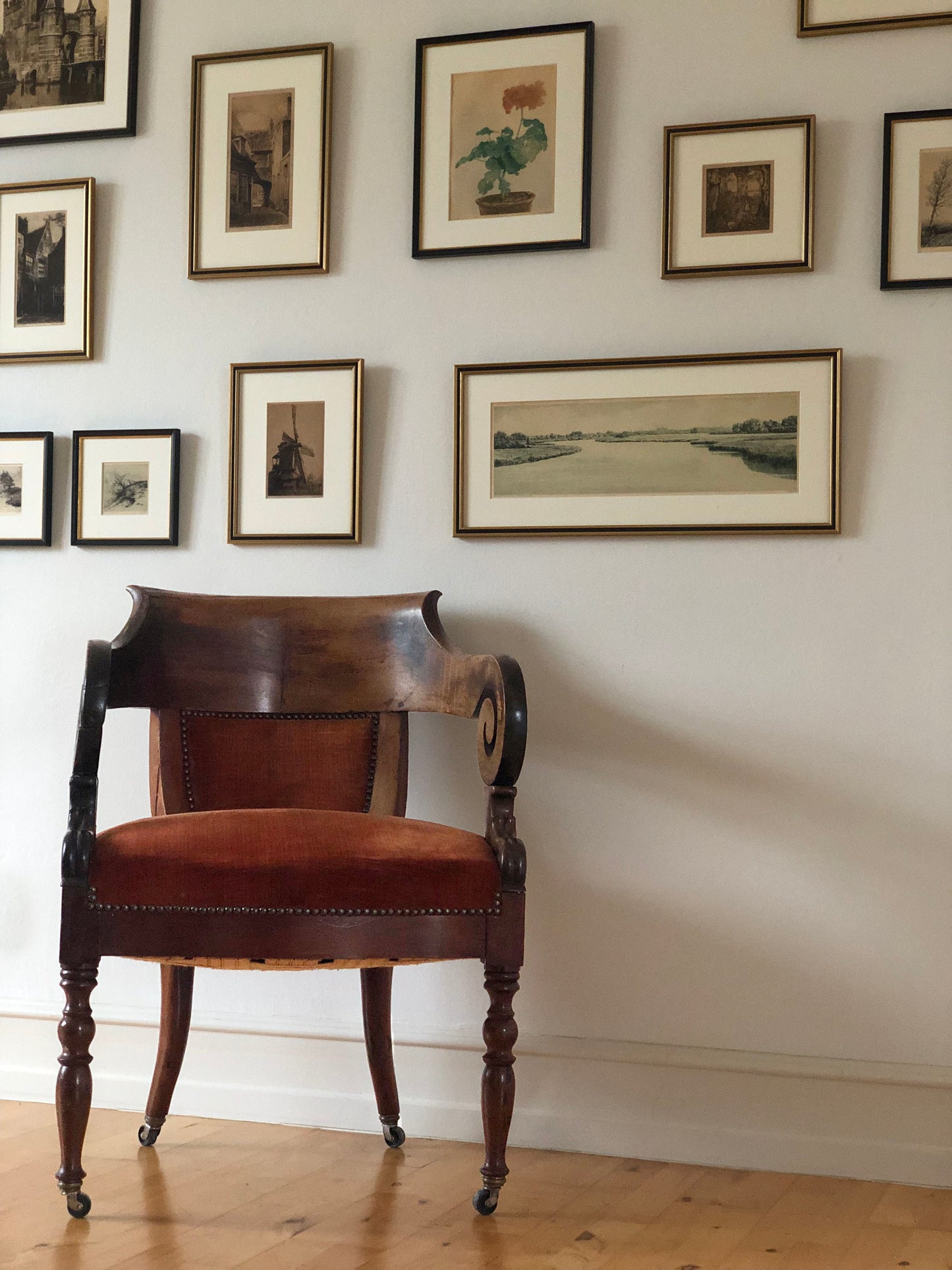 Antique Mahogany Armchair with Burgundy Fabric and Casters United Kingdom