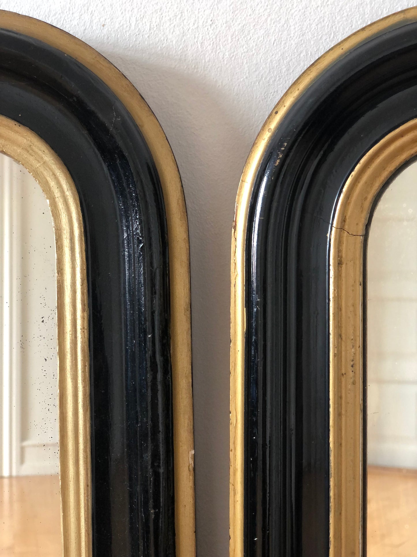 Pair of Large Antique Louis Philippe Mirrors in Black and Gold France Late 19th Century