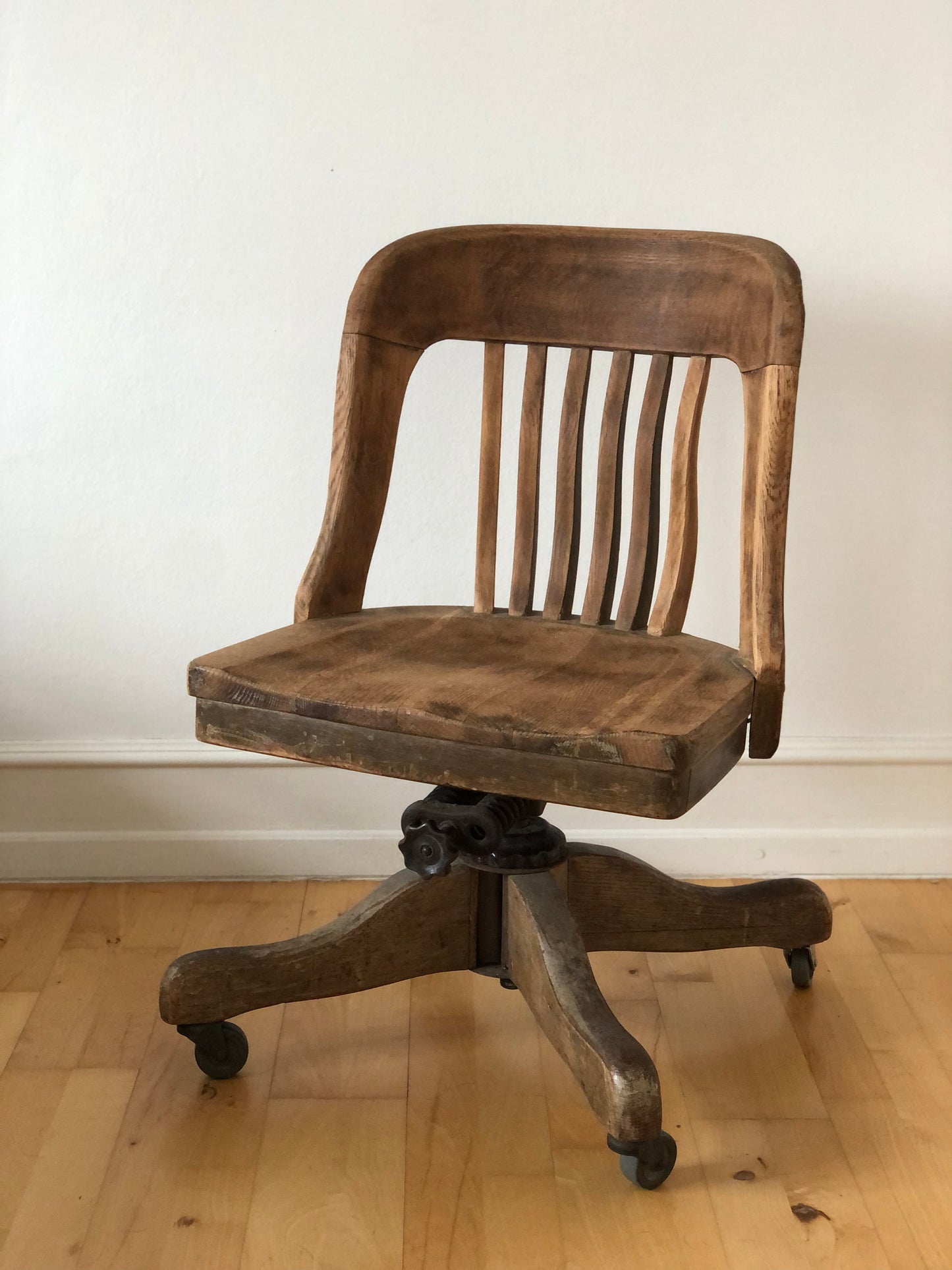 Industrial Oak Swivel Desk Chair with Spindle Back 1920s Germany